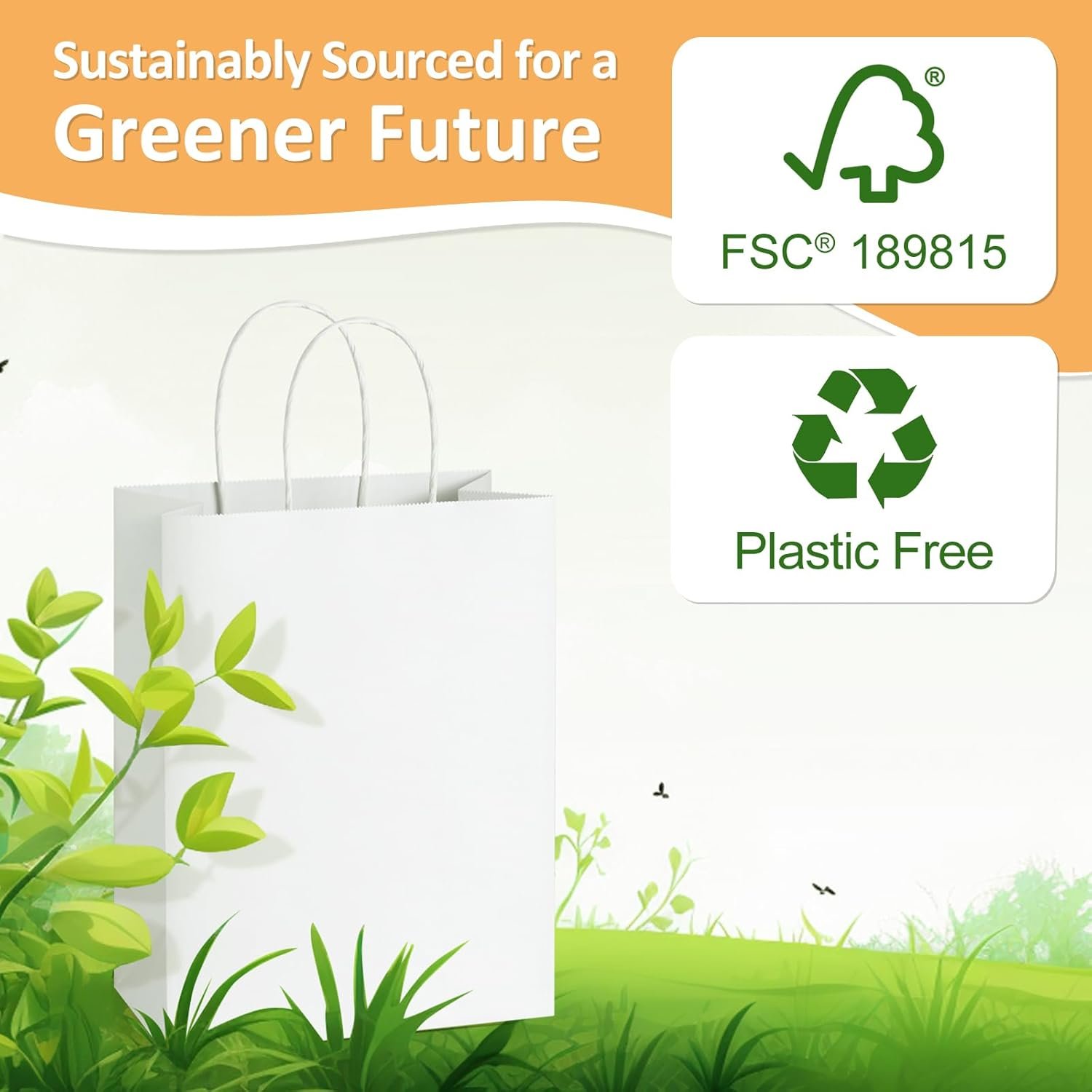 Grossiste de sacs en papier blanc 8x4.25x10.5 avec poignées, sacs en kraft pour cadeaux et courses, OEM en vrac, fournisseur de sacs en papier moyens.