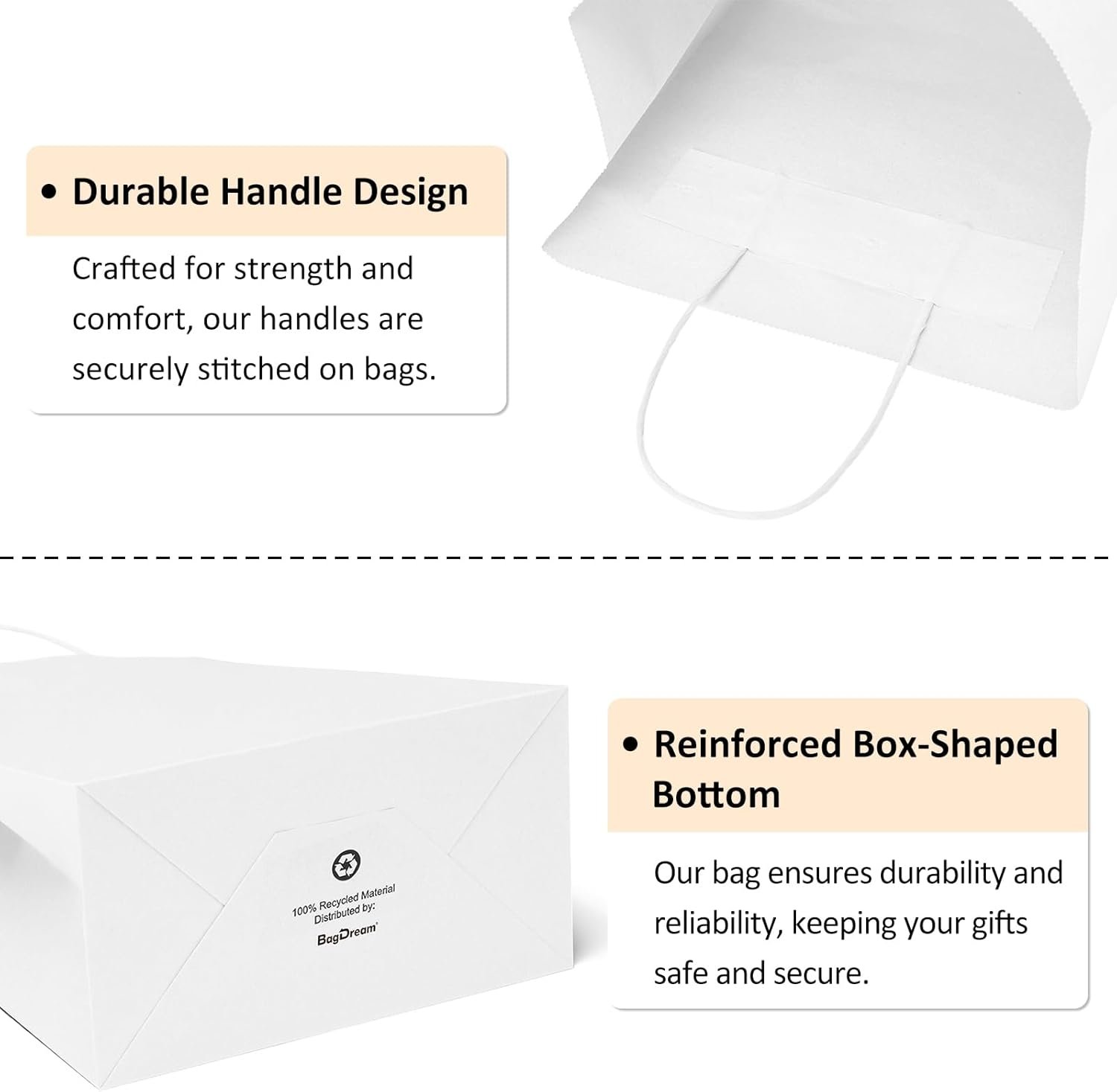 Grossiste de sacs en papier blanc 8x4.25x10.5 avec poignées, sacs en kraft pour cadeaux et courses, OEM en vrac, fournisseur de sacs en papier moyens.