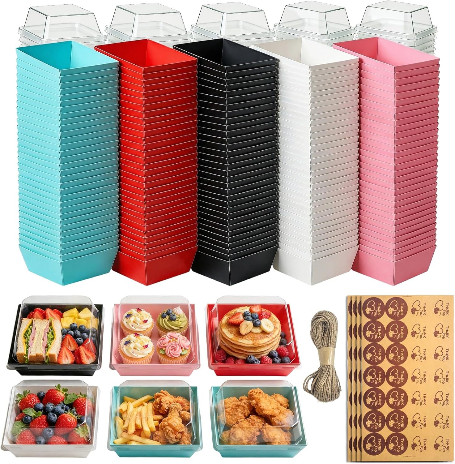 Grossiste de Boîtes à Charcuterie 150 Pack avec Couvercles Transparents 5 Pouces Carré - Containers Alimentaires Jetables pour Sandwich, Cookie, Sushi, Part de Gâteau, Fraises en 5 Couleurs, Logo Personnalisé, Fabricant en Vrac