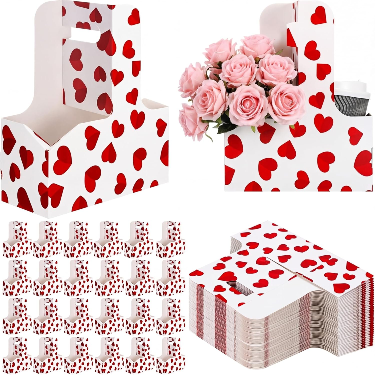 Grossiste 24 Pcs Porte-Gobelet avec Poignée pour boissons, 2 tasses Rouge Coeur en Carton jetable, OEM Support pliable pour boissons chaudes et froides, Vente en Gros pour Fournitures de fête Galentine.