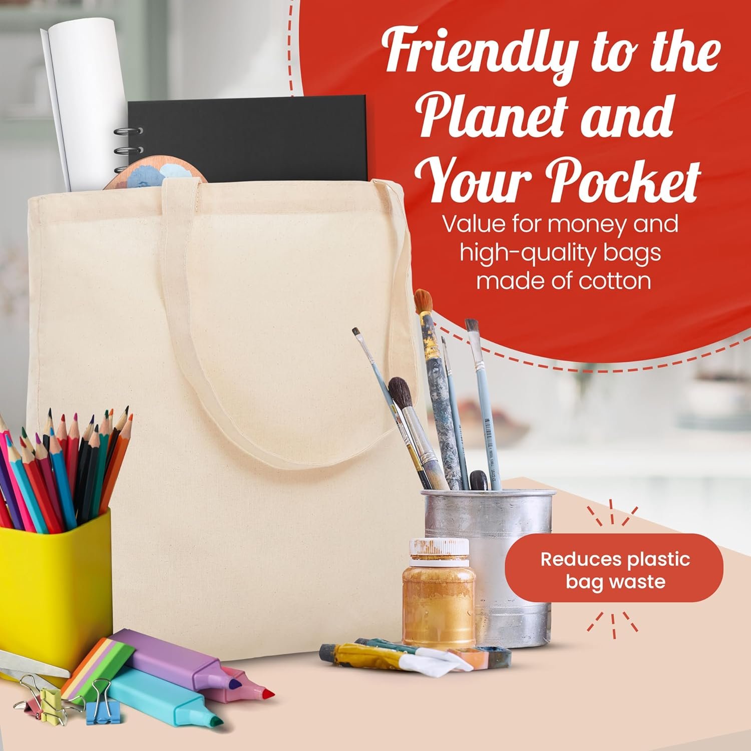 Sac en toile réutilisable moyen 50-pack pour courses - Vente en gros de sacs légers pour projets DIY, broderie, peinture, et logo personnalisé par votre fabricant.