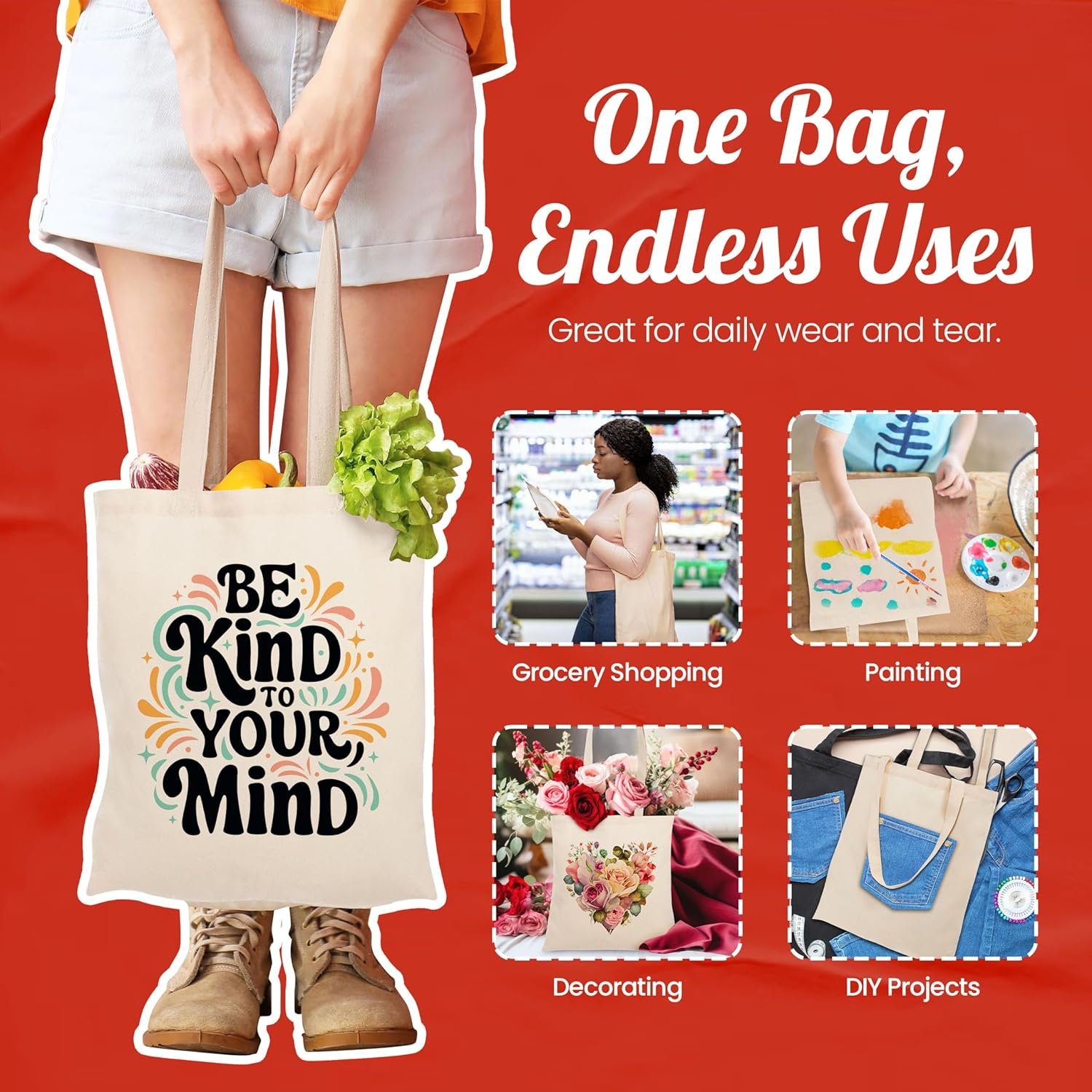 Sac en toile réutilisable moyen 50-pack pour courses - Vente en gros de sacs légers pour projets DIY, broderie, peinture, et logo personnalisé par votre fabricant.