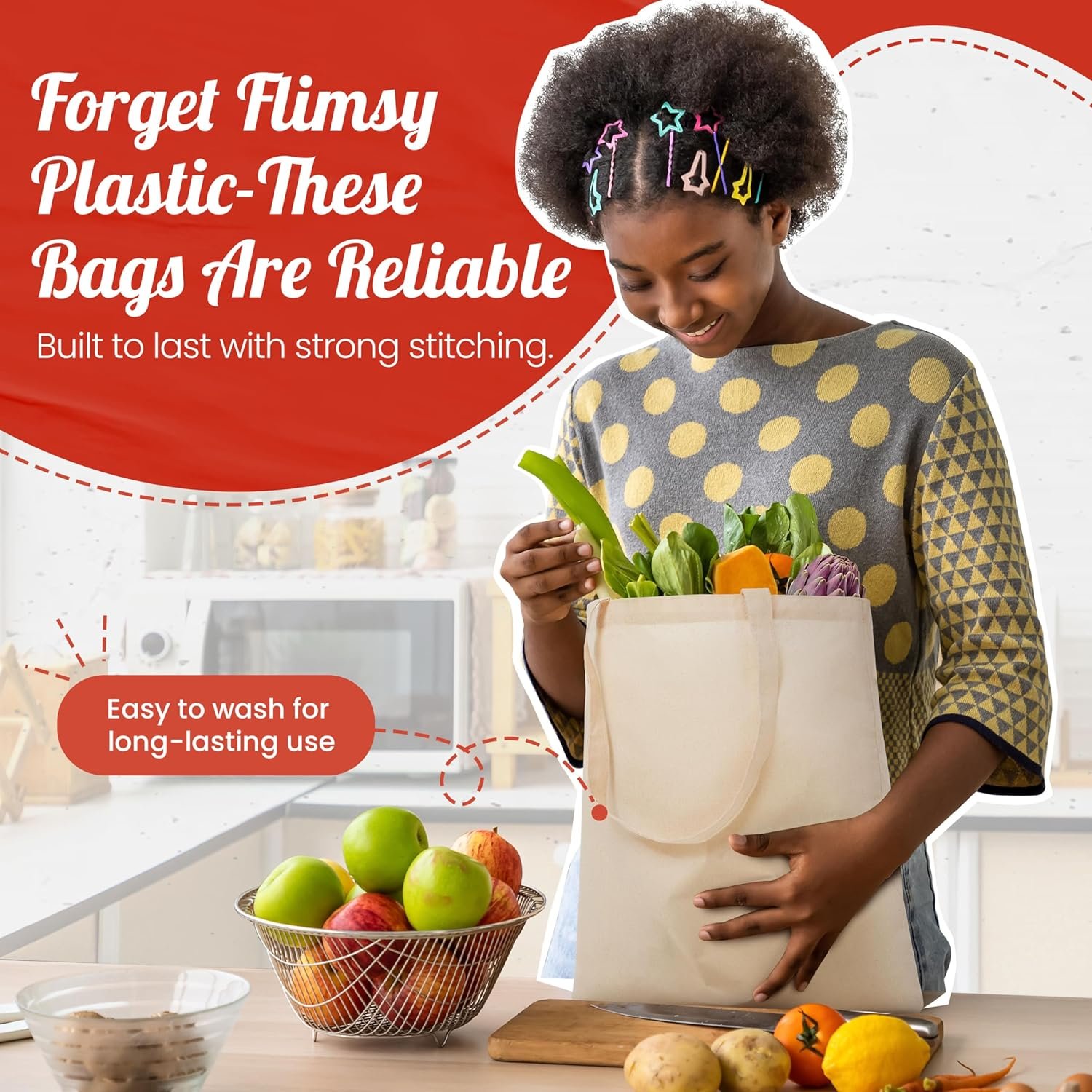 Sac en toile réutilisable moyen 50-pack pour courses - Vente en gros de sacs légers pour projets DIY, broderie, peinture, et logo personnalisé par votre fabricant.