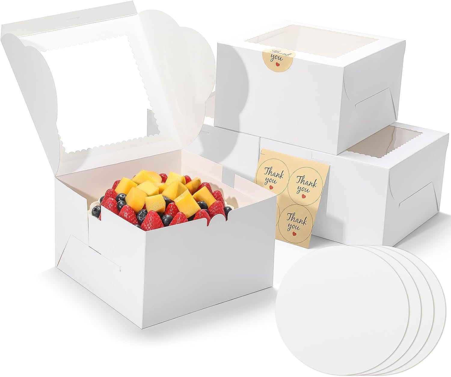 Grossiste Boîtes à Gâteau 8 Pouces avec Fenêtre, 4 Sets de Boîtes de Pâtisserie avec Plateaux et Autocollants, OEM, Boîte à Cupcake pour Anniversaire, Fête, Mariage, Fête des Mères, Saint-Valentin, Noël (8x8x5 pouces)