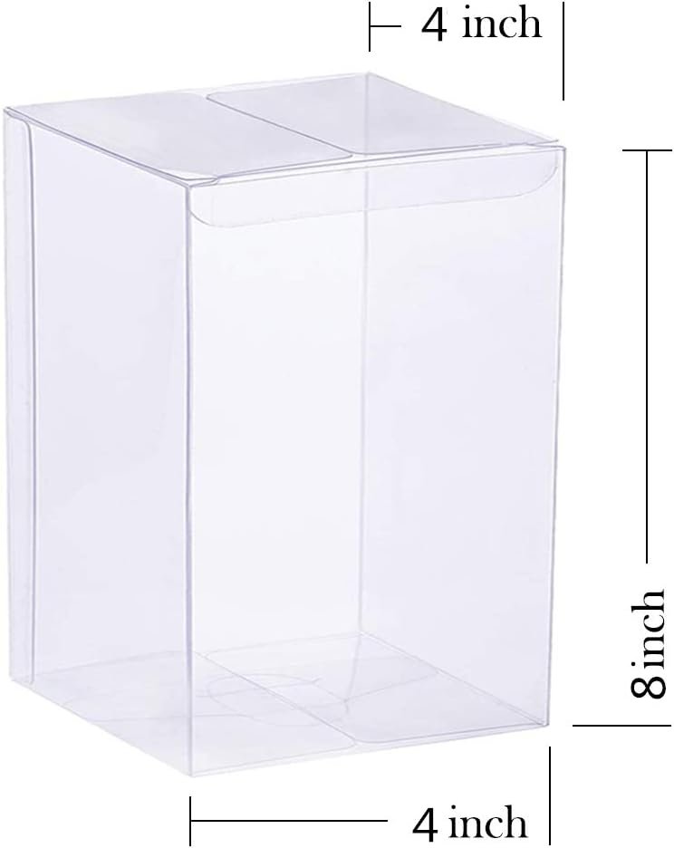 Grossiste de boîtes transparentes 12PCS 4 x 4 x 8 pouces, boîtes à bonbons, avec logo personnalisé, idéal pour les mariages, fêtes et cadeaux de baby shower. Fabricant de solutions en vrac pour événements.