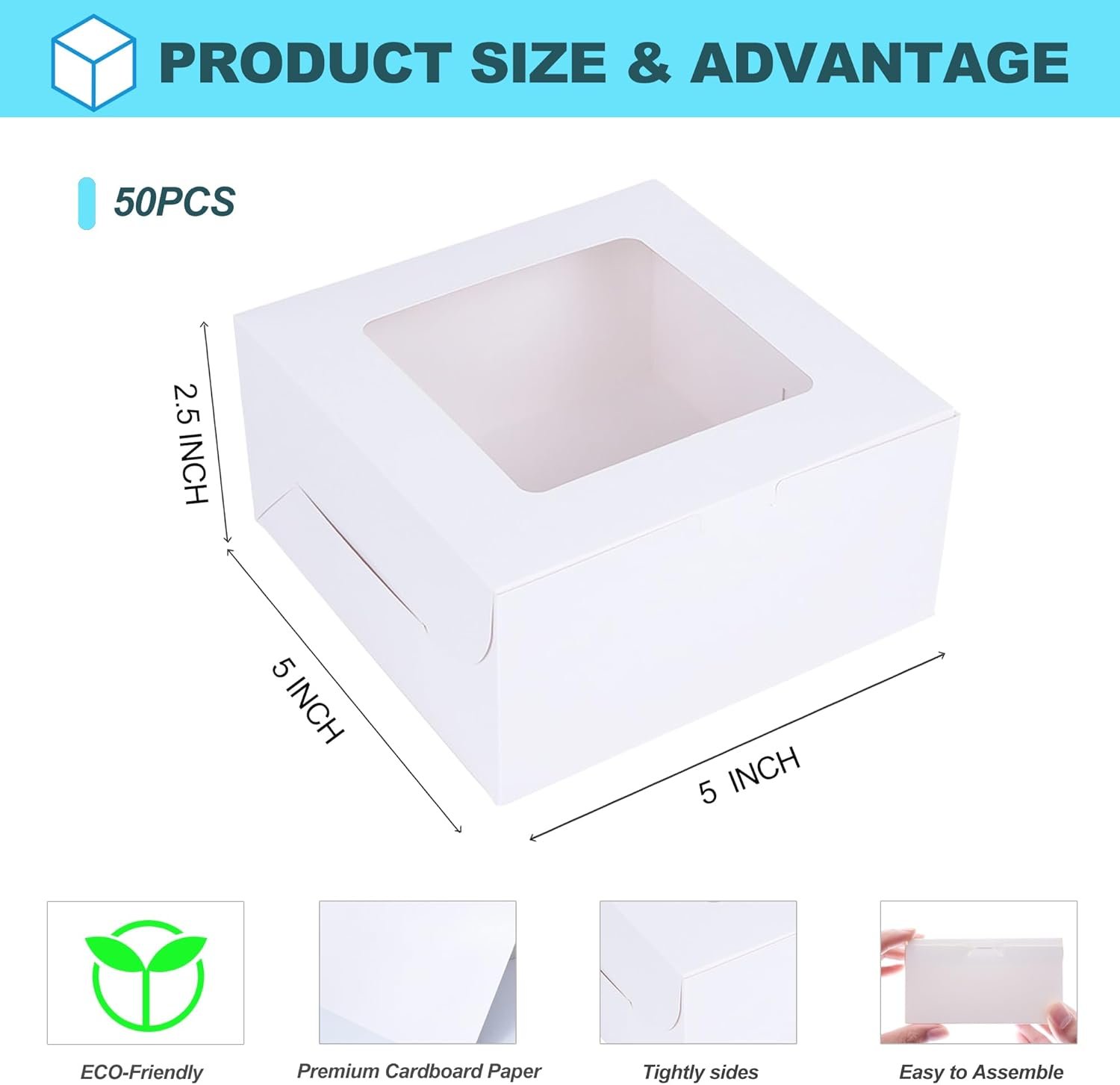Grossiste Boîtes à Gâteaux Blanches 50 Packs 5x5x2.5in, Boîtes de Pâtisserie avec Fenêtre, Conteneurs Alimentaires pour Cookies, Pâtisserie, Tarte, Fraises, Beignets, Bonbons, Desserts, Cake Petit sur Mesure, Fabricant OEM.