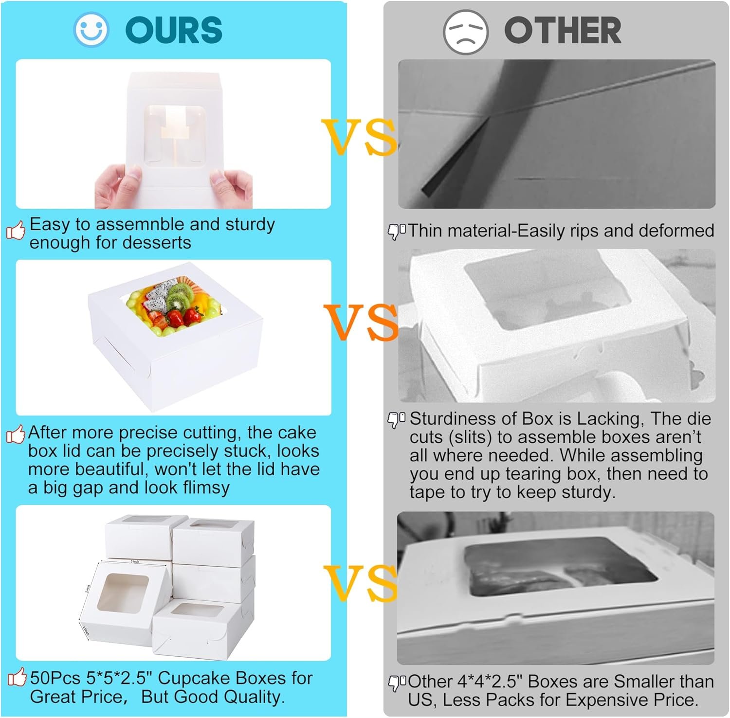 Grossiste Boîtes à Gâteaux Blanches 50 Packs 5x5x2.5in, Boîtes de Pâtisserie avec Fenêtre, Conteneurs Alimentaires pour Cookies, Pâtisserie, Tarte, Fraises, Beignets, Bonbons, Desserts, Cake Petit sur Mesure, Fabricant OEM.