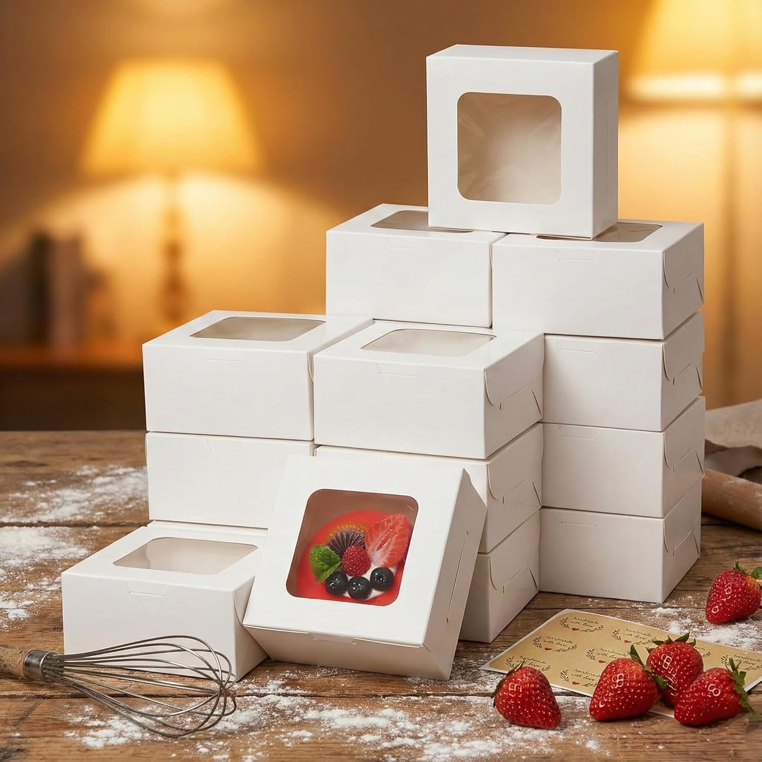 Grossiste Boîtes à Gâteaux Blanches 50 Packs 5x5x2.5in, Boîtes de Pâtisserie avec Fenêtre, Conteneurs Alimentaires pour Cookies, Pâtisserie, Tarte, Fraises, Beignets, Bonbons, Desserts, Cake Petit sur Mesure, Fabricant OEM.