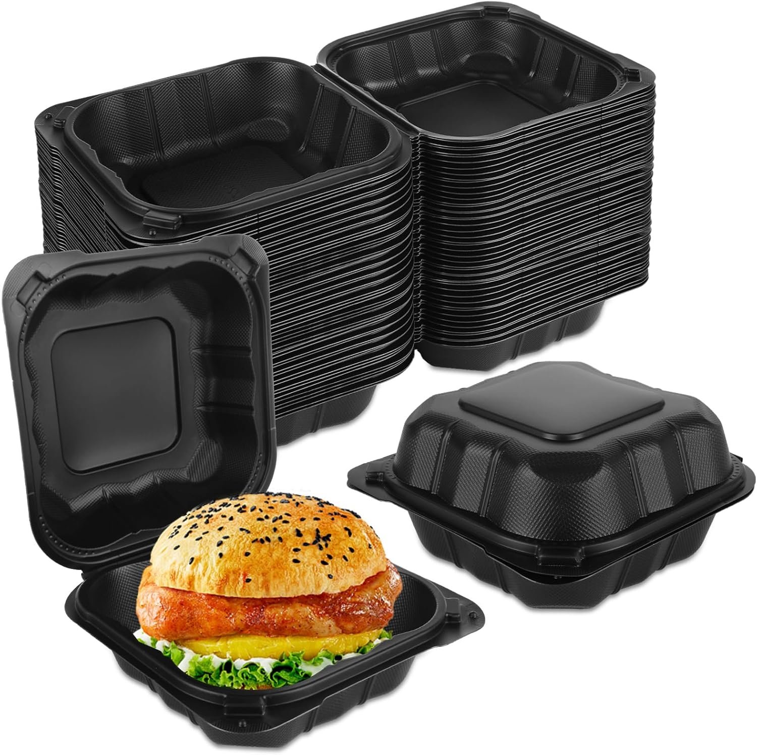 Grossiste 125Pcs Contenants à emporter en plastique coquille 6"x 6"x 3", Fournisseur de contenants alimentaires jetables pour gâteaux, sandwichs et salades, Logo Personnalisé disponible.
