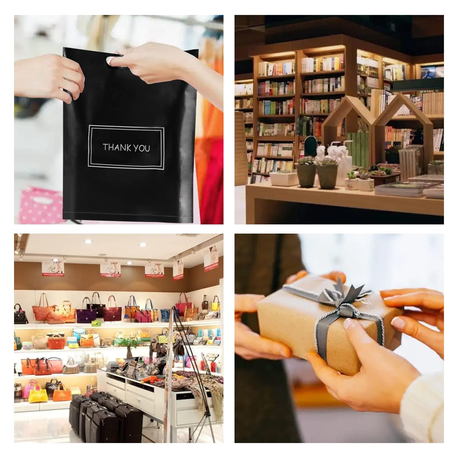 Grossiste en Vrac, 200 sacs plastiques noirs réutilisables avec poignées 8x12 et 12x15 pour magasins, logo personnalisé, fabriqués par un fournisseur de qualité.