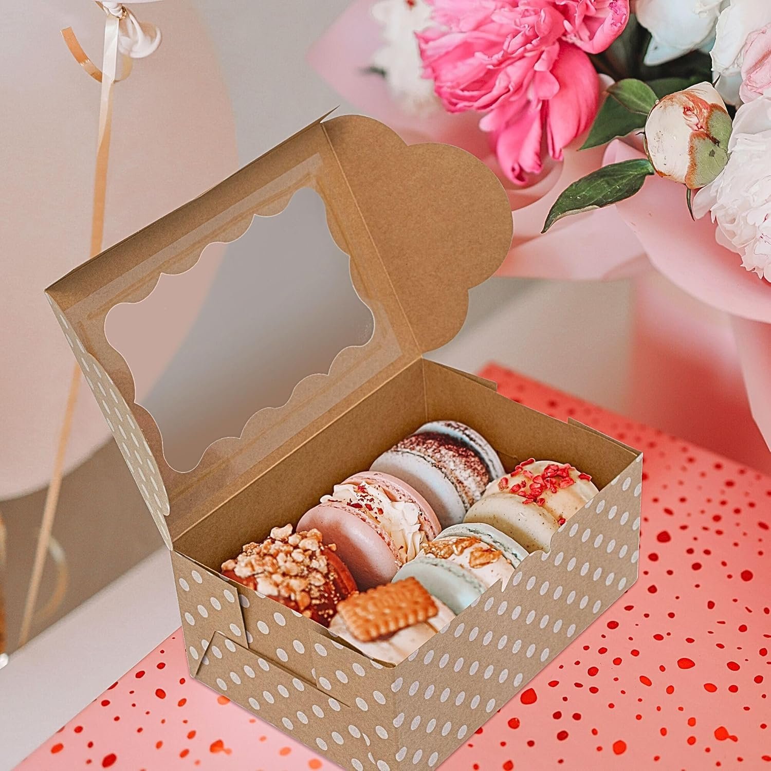 Boîte à biscuits à pois - 12 pièces - Idéale pour les pâtisseries, cupcakes, fraises, macarons et friandises - Fournisseur de boîtes à gâteaux en gros - Grande taille convenant facilement à une douzaine de cookies avec fenêtre - Logo personnalisé disponible