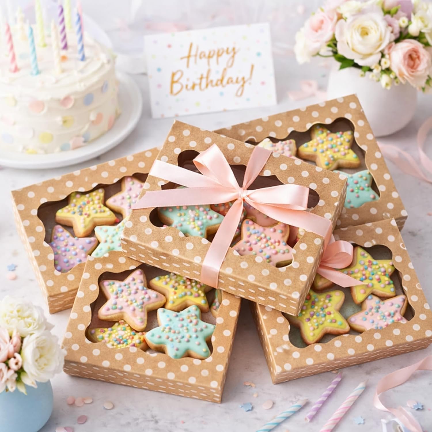 Boîte à biscuits à pois - 12 pièces - Idéale pour les pâtisseries, cupcakes, fraises, macarons et friandises - Fournisseur de boîtes à gâteaux en gros - Grande taille convenant facilement à une douzaine de cookies avec fenêtre - Logo personnalisé disponible