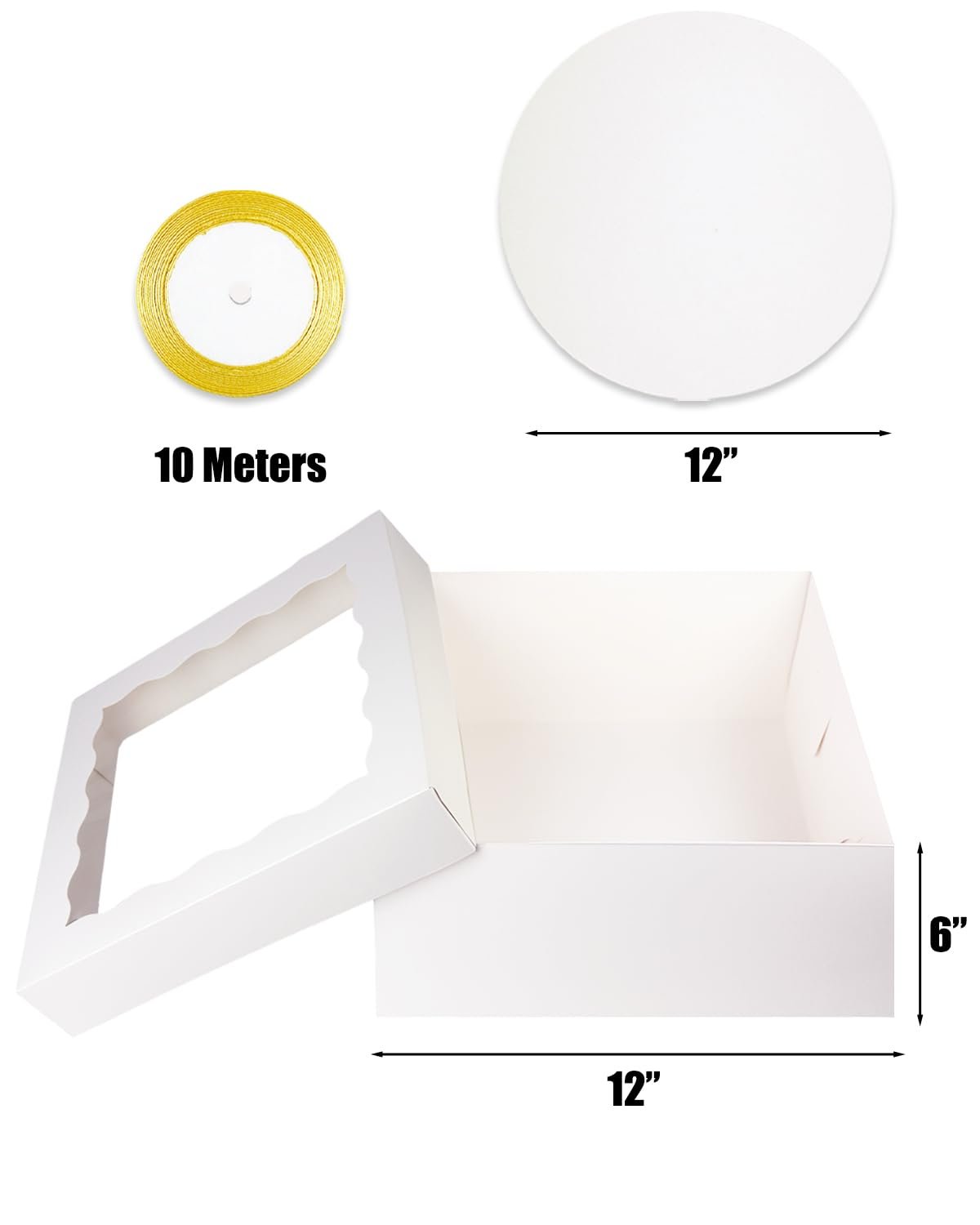 Grossiste en Vrac : Boîte à Gâteau 12x12x6 avec Fenêtre, 18 Sets de Boîtes Blanches et 18 Plateaux Ronds de 12 pouces, Contenants pour Gâteaux de 12 pouces, Ruban en Soie Doré de 10 Mètres pour Marque Blanche et Personnalisation auprès de Fabricant. Grossiste en Vrac : Boîte à Gâteau 12x12x6 avec Fenêtre, 18 Sets de Boîtes Blanches et 18 Plateaux Ronds de 12 pouces, Contenants pour Gâteaux de 12 pouces, Ruban en Soie Doré de 10 Mètres pour Marque Blanche et Personnalisation auprès de Fabricant.