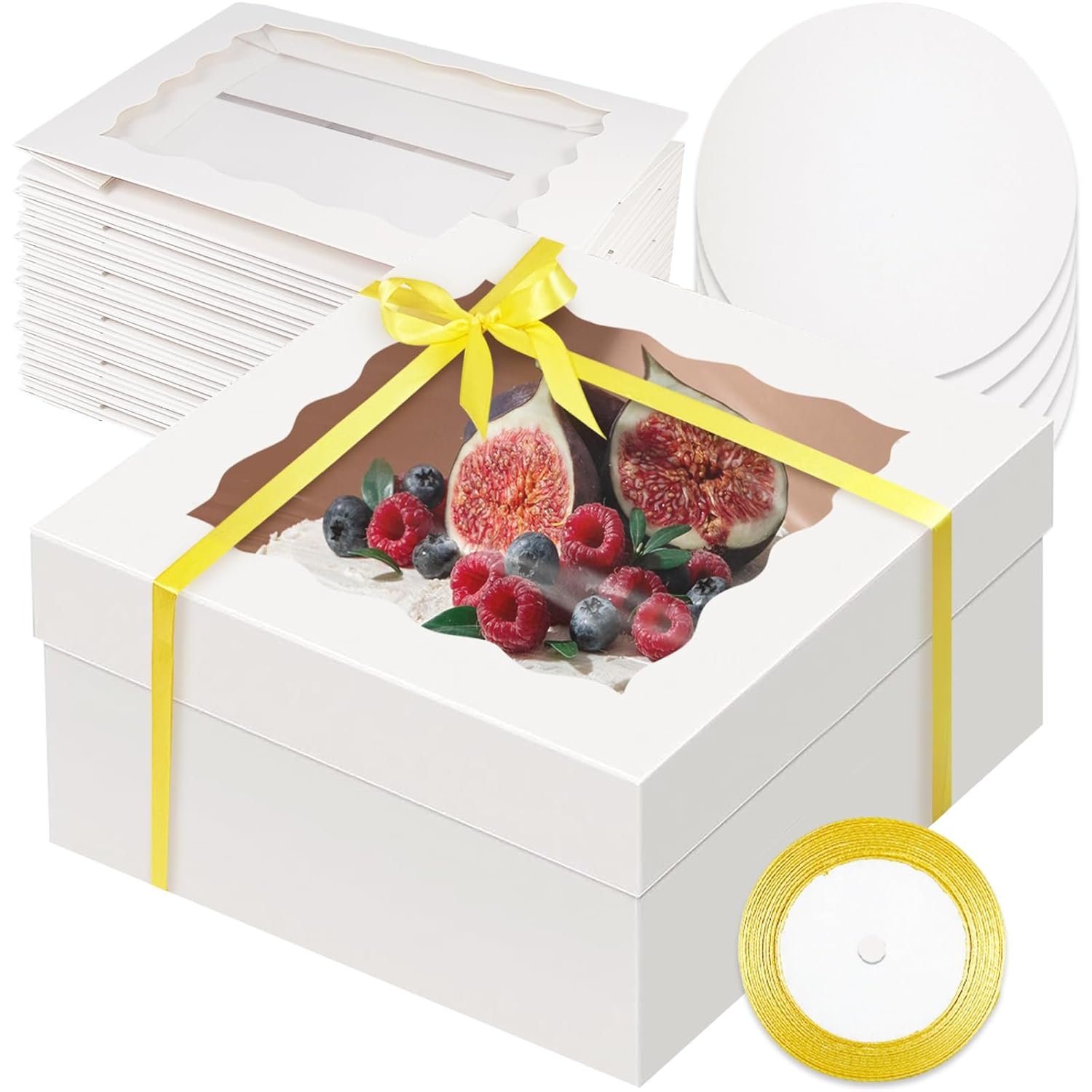 Grossiste en Vrac : Boîte à Gâteau 12x12x6 avec Fenêtre, 18 Sets de Boîtes Blanches et 18 Plateaux Ronds de 12 pouces, Contenants pour Gâteaux de 12 pouces, Ruban en Soie Doré de 10 Mètres pour Marque Blanche et Personnalisation auprès de Fabricant.