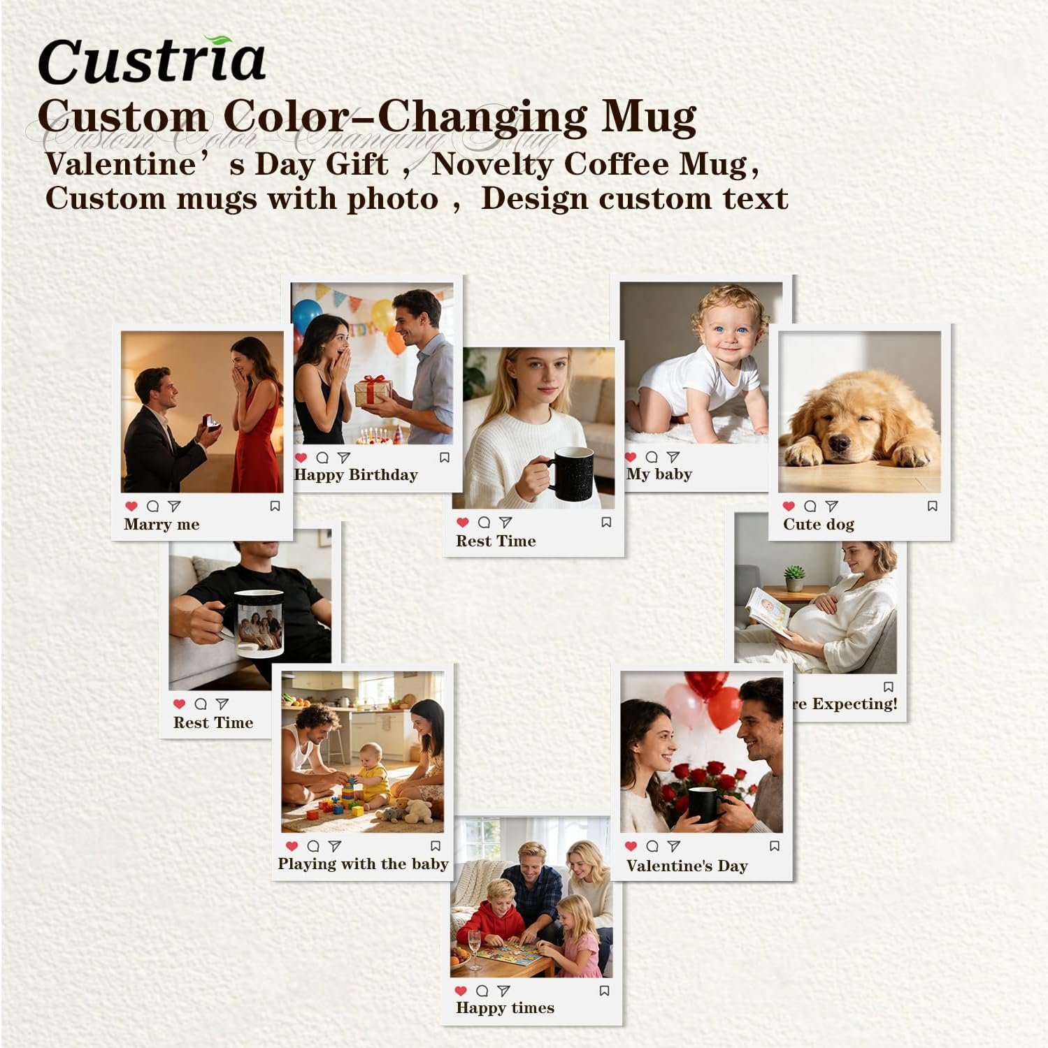 Mug personnalisé en céramique avec logo, tasse à café en forme de cœur, Fournisseur en gros, impression photo et texte, image cachée révélée avec boissons chaudes, idéal pour le bureau à domicile et la Saint-Valentin.