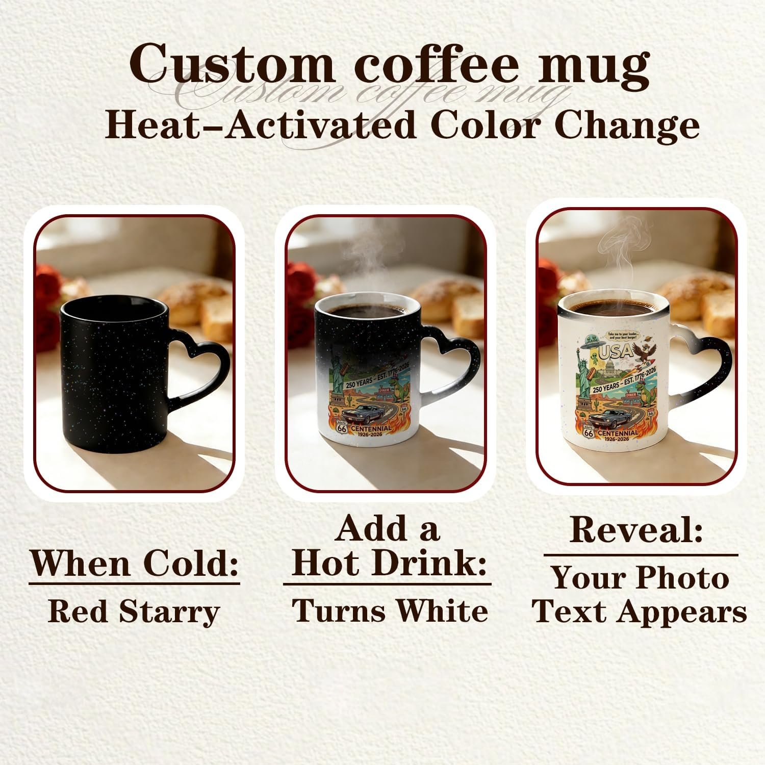 Mug personnalisé en céramique avec logo, tasse à café en forme de cœur, Fournisseur en gros, impression photo et texte, image cachée révélée avec boissons chaudes, idéal pour le bureau à domicile et la Saint-Valentin.