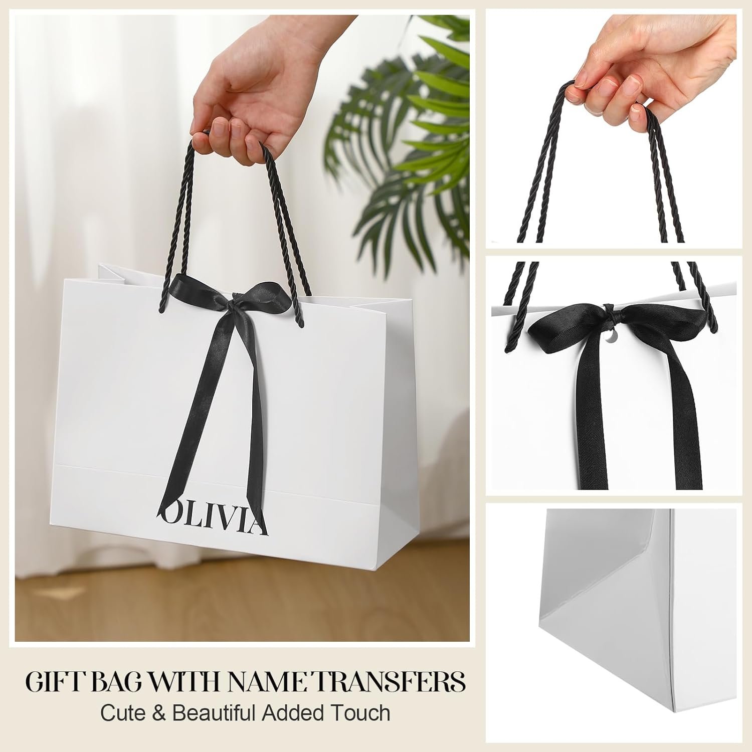 Grossiste Set de 8 Sacs à Cadeaux Personnalisés pour Demoiselles d'Honneur 11x8 in avec Autocollants de Nom et Noeud en Noir et Blanc pour Mariage, Fabricant de Sacs avec Poignées, Vente en Gros pour Mariage, Douche Nuptiale, Fête d'Engagement et Anniversaire