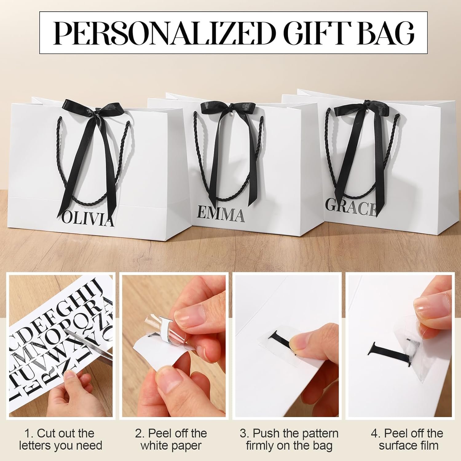 Grossiste Set de 8 Sacs à Cadeaux Personnalisés pour Demoiselles d'Honneur 11x8 in avec Autocollants de Nom et Noeud en Noir et Blanc pour Mariage, Fabricant de Sacs avec Poignées, Vente en Gros pour Mariage, Douche Nuptiale, Fête d'Engagement et Anniversaire