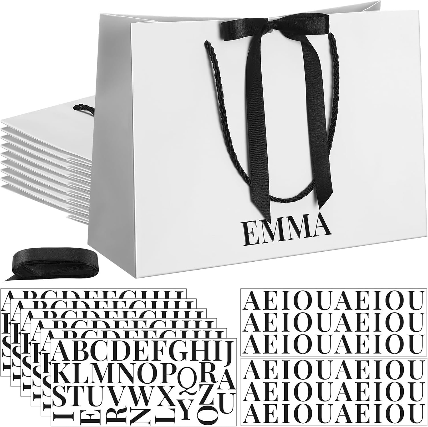 Grossiste Set de 8 Sacs à Cadeaux Personnalisés pour Demoiselles d'Honneur 11x8 in avec Autocollants de Nom et Noeud en Noir et Blanc pour Mariage, Fabricant de Sacs avec Poignées, Vente en Gros pour Mariage, Douche Nuptiale, Fête d'Engagement et Anniversaire