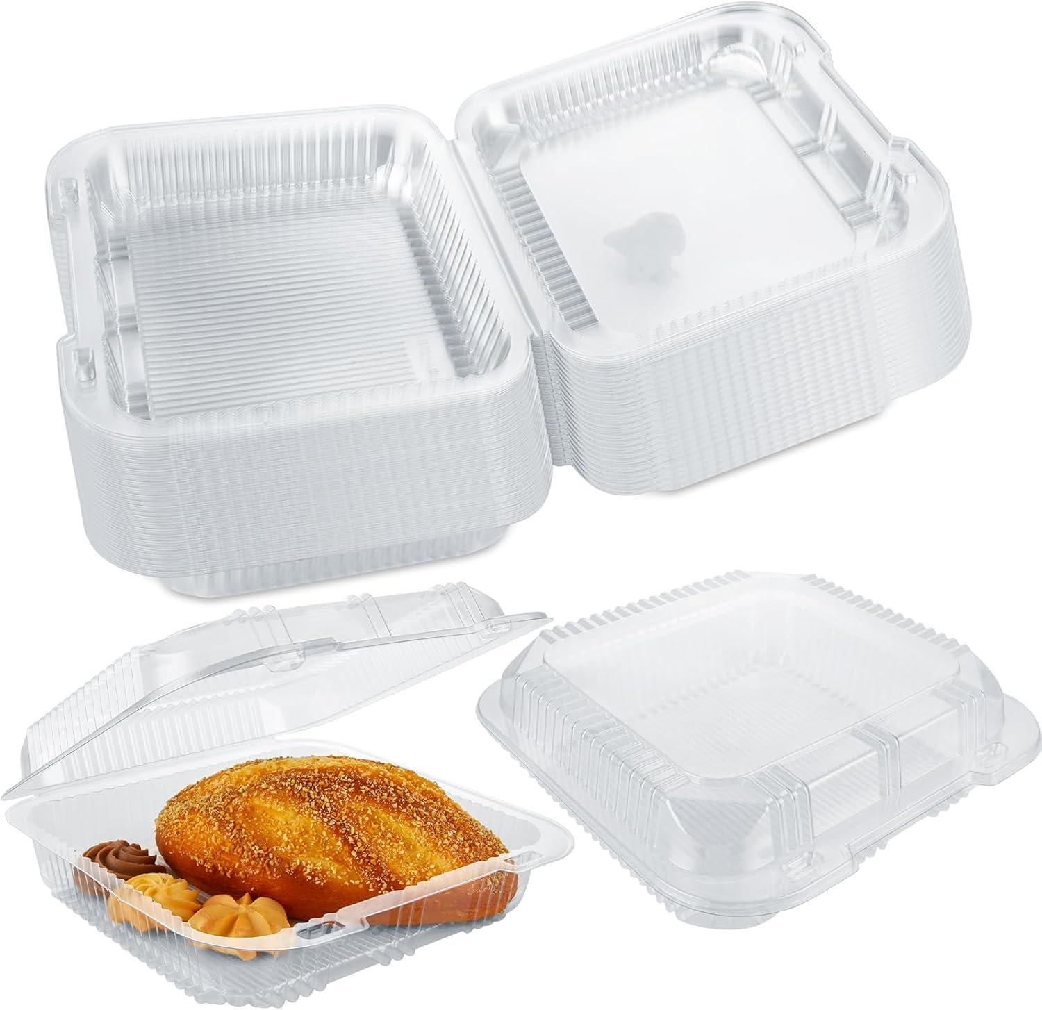 Containers alimentaires jetables 100 pièces 7"x 6.7"x 2.3", logo personnalisé, idéal pour gâteaux, sandwiches, salades et desserts, vente en gros chez un fabricant.