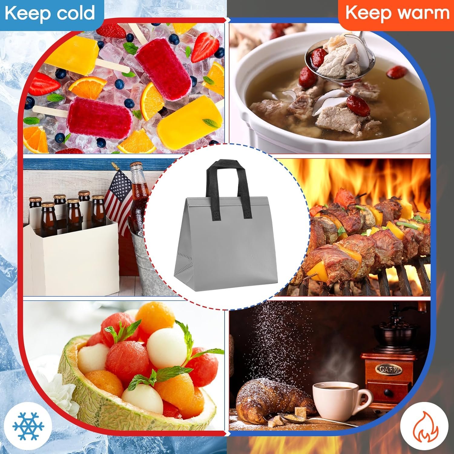 Grossiste Sac Isotherme en Vrac 300 Pack 9.5 x 9.5 x 6 pour Livraison Alimentaire, OEM Sac Téléréglable pour Nourriture Chaude/Froide, Café, Lait, Pizza, Fruits de Mer, Fournisseur pour Restauration