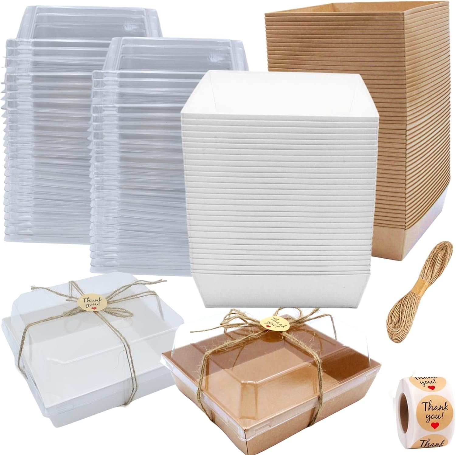 Grossiste de 100 Boîtes à Charcuterie avec Couvercles Transparent, Contenants Jetables pour Pâtisseries, Boîtes à Emporter avec Ficelle et Autocollants pour Sandwich, Snacks, Gâteaux, Mariages, Fraises, 5"x5"x2.6", Marque Blanche, Fabricant.