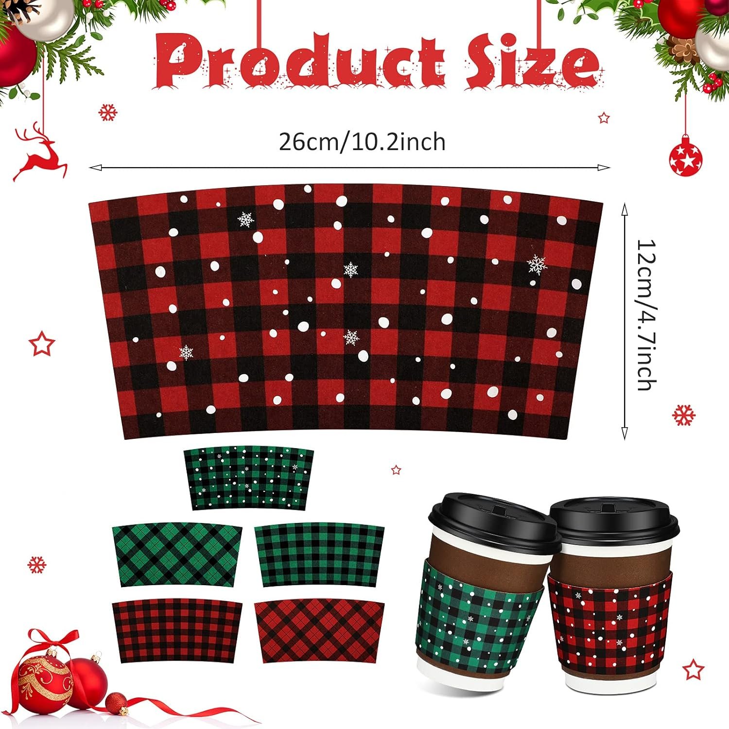 Grossiste en Vrac 42 Pcs Manchons en Papier pour Tasses de Noël, Protection pour les Mains Idéale pour Chocolat Chaud et Boissons Froides, Designs Classiques en Plaid, Fabricant de Manchons Personnalisés.