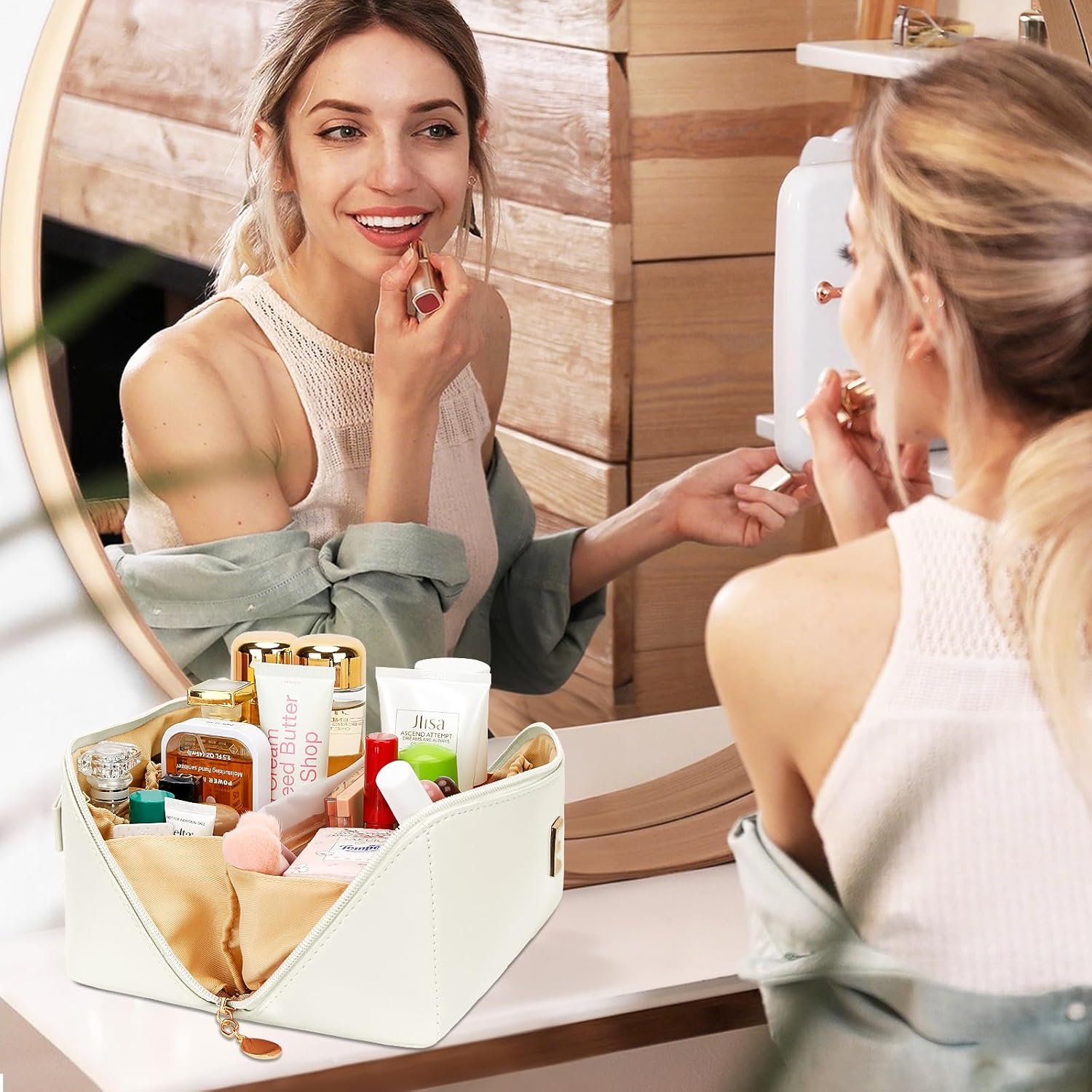 Cadeaux d'anniversaire pour femmes et adolescentes, Fabriquant d'organiseur de maquillage personnalisé avec initiale, trousse de voyage à plat avec séparateur transparent et poignée (Beige, A), Vente en gros disponible