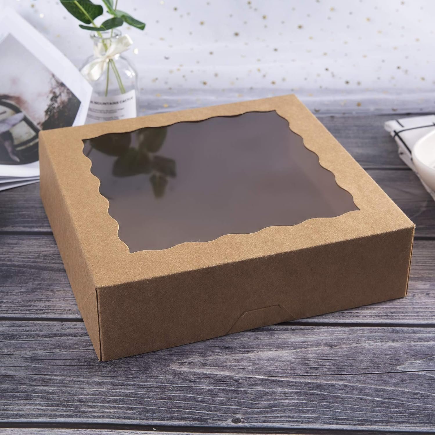 Grossiste en Vrac Box Kraft 9 pouces avec fenêtre PVC, boite à tarte naturelle jetable 9x9x2.5 pouces, OEM 15 pièces, Marque Blanche