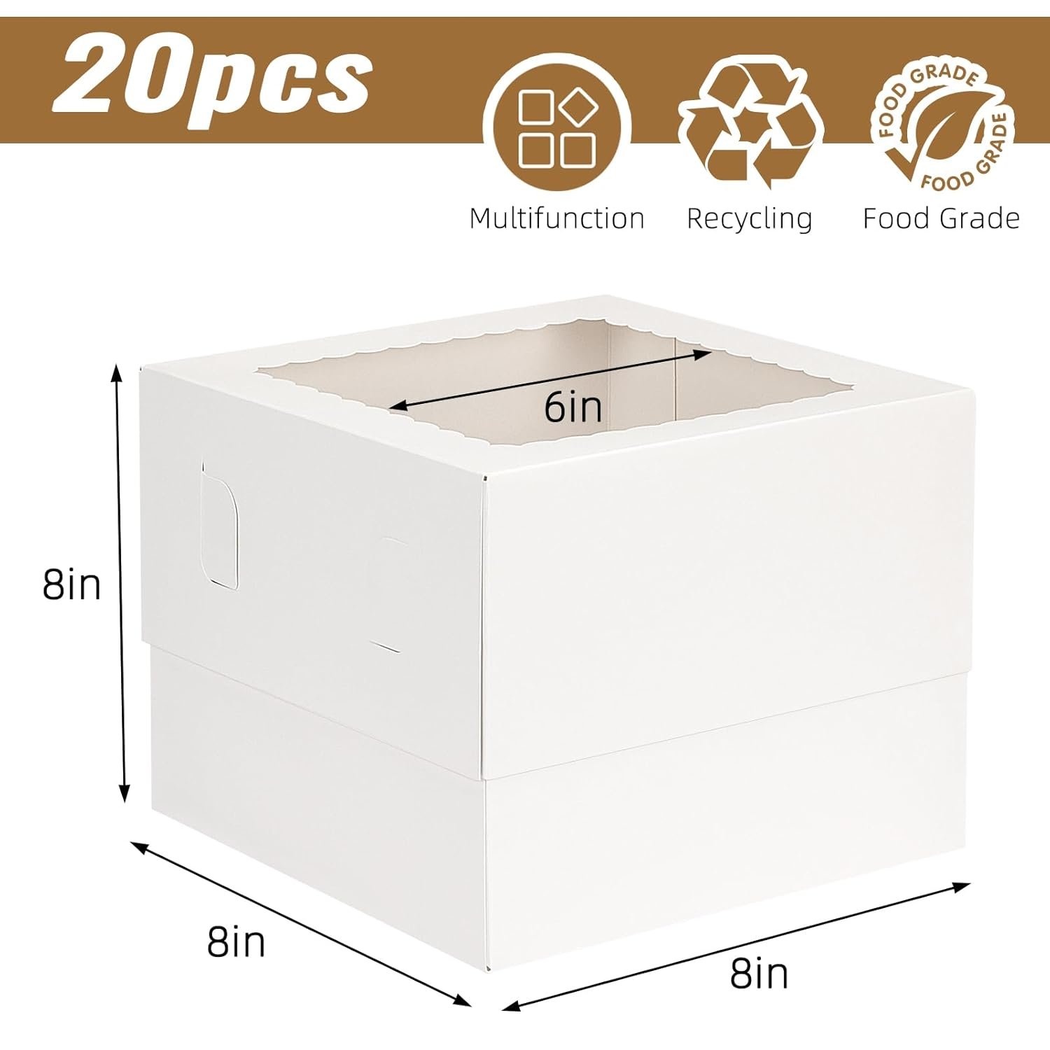 Cajas Pasteles en Vrac 20pcs 8x8x8 Inches avec Fenêtre, Boîtes à Gâteaux Blanches, Vente en Gros pour Mariage, Fête, Saint-Valentin, Fête des Mères, Anniversaire, Logo Personnalisé.