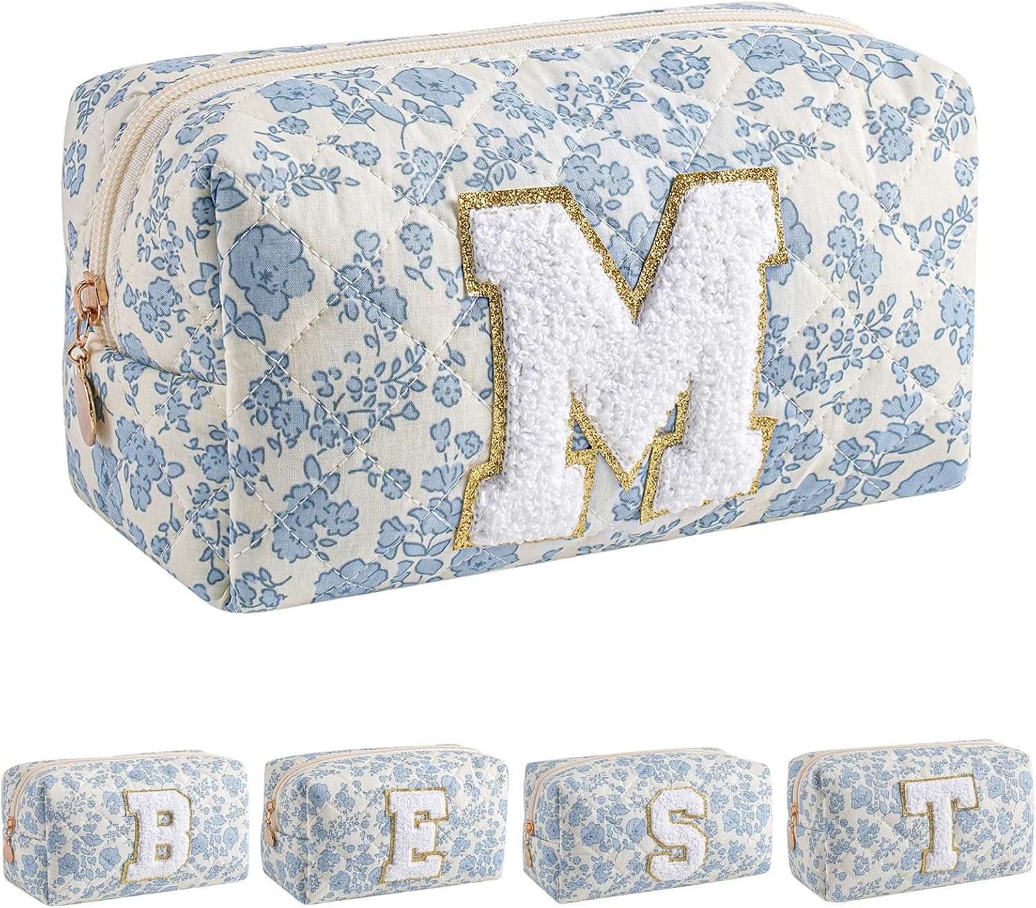 Grossiste Trousse de Maquillage Alphabet en Fleurs pour Femmes, Fabricant de Pochettes de Voyage à Glissière, Cadeaux de Noël pour Filles de 6 à 18 ans, Logo Personnalisé, Organisateur Tendance (Bleu Floral M)