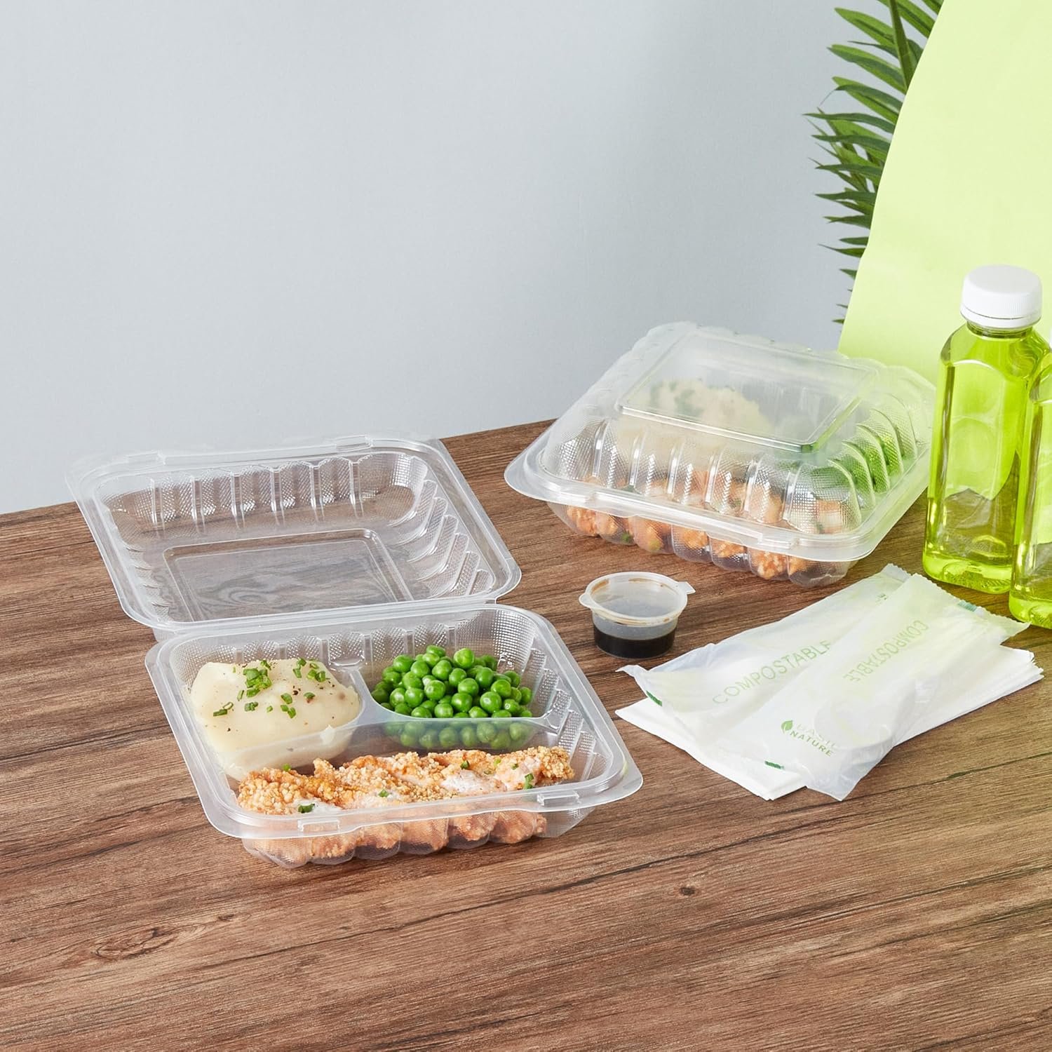 Grossiste Contenants à emporter 34 onces, 100 boîtes jetables 3 compartiments, couvercles sécurisés, clamshells transparents, pour pâtes ou salades, marque blanche, fabricant, adaptés au micro-ondes.