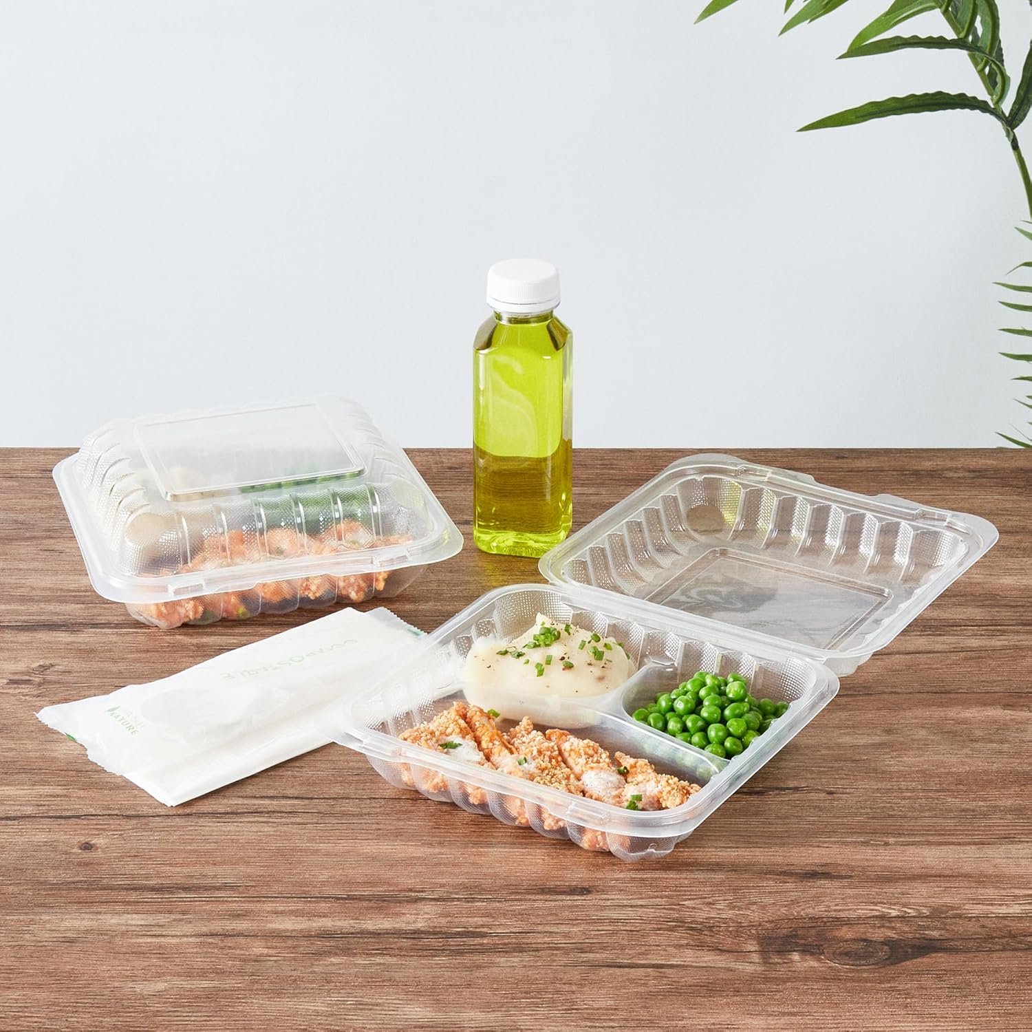 Grossiste Contenants à emporter 34 onces, 100 boîtes jetables 3 compartiments, couvercles sécurisés, clamshells transparents, pour pâtes ou salades, marque blanche, fabricant, adaptés au micro-ondes.