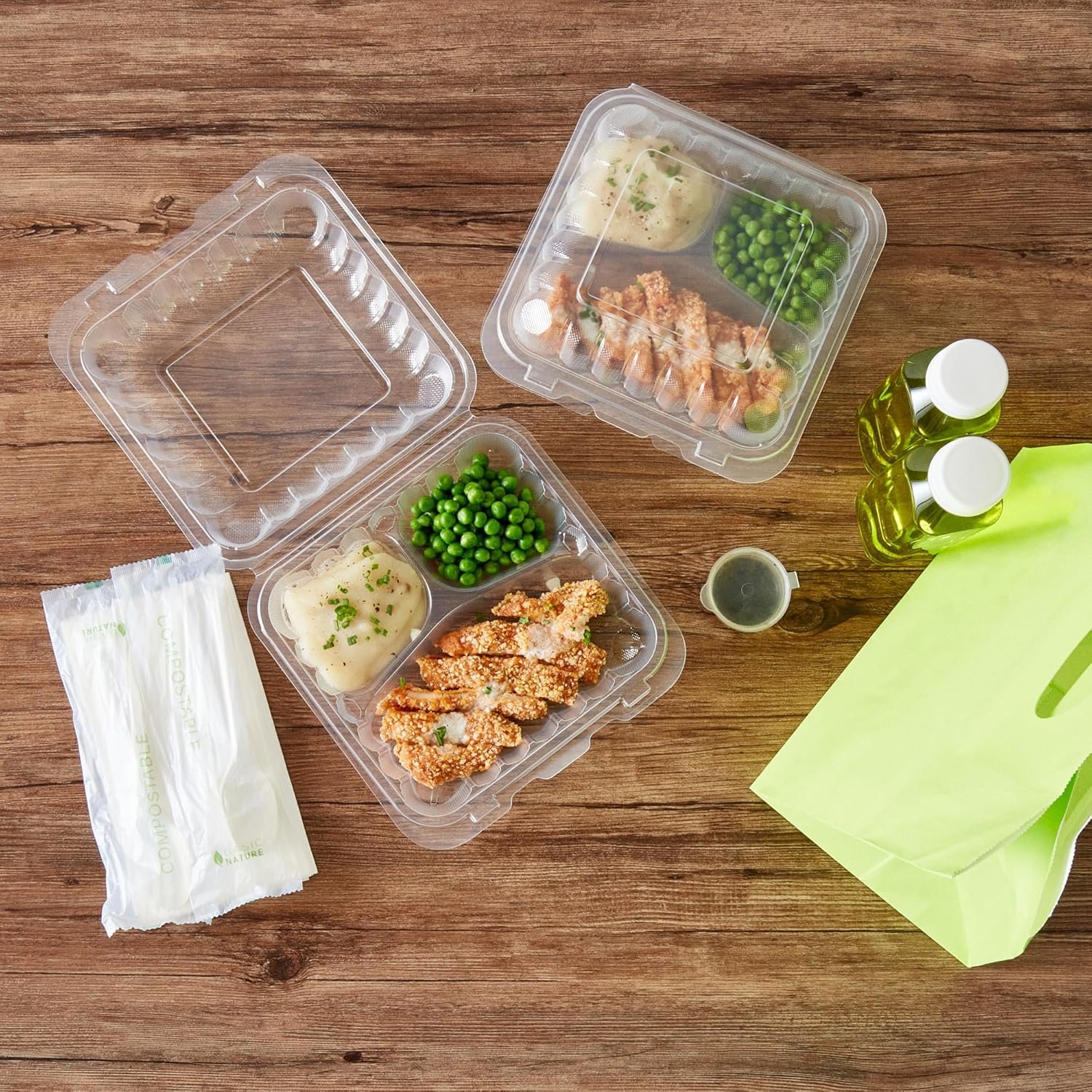 Grossiste Contenants à emporter 34 onces, 100 boîtes jetables 3 compartiments, couvercles sécurisés, clamshells transparents, pour pâtes ou salades, marque blanche, fabricant, adaptés au micro-ondes.