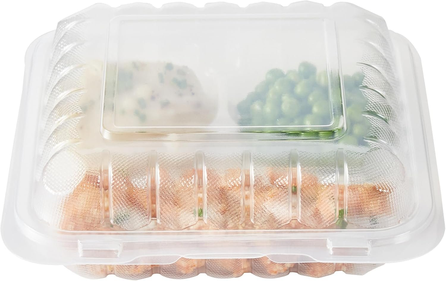 Grossiste Contenants à emporter 34 onces, 100 boîtes jetables 3 compartiments, couvercles sécurisés, clamshells transparents, pour pâtes ou salades, marque blanche, fabricant, adaptés au micro-ondes.