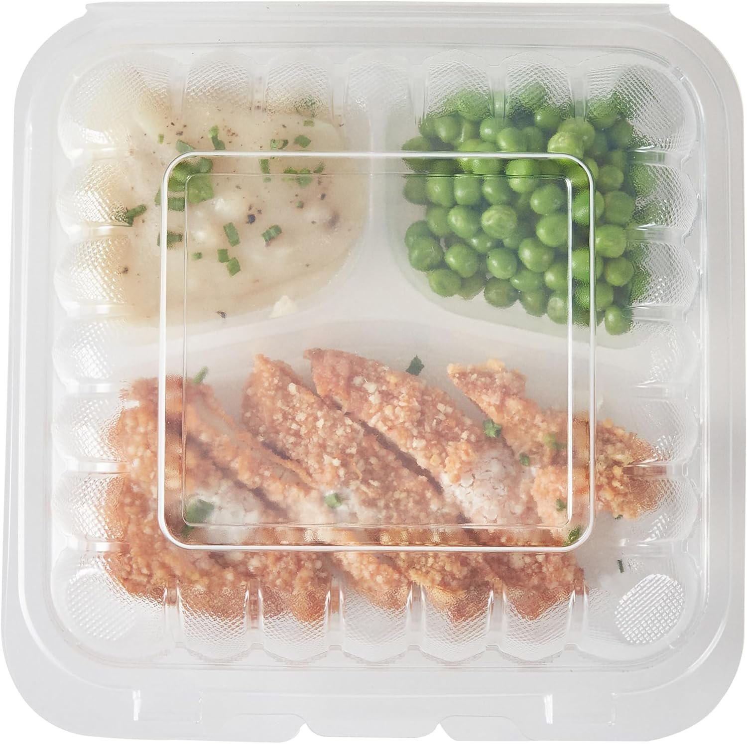 Grossiste Contenants à emporter 34 onces, 100 boîtes jetables 3 compartiments, couvercles sécurisés, clamshells transparents, pour pâtes ou salades, marque blanche, fabricant, adaptés au micro-ondes.