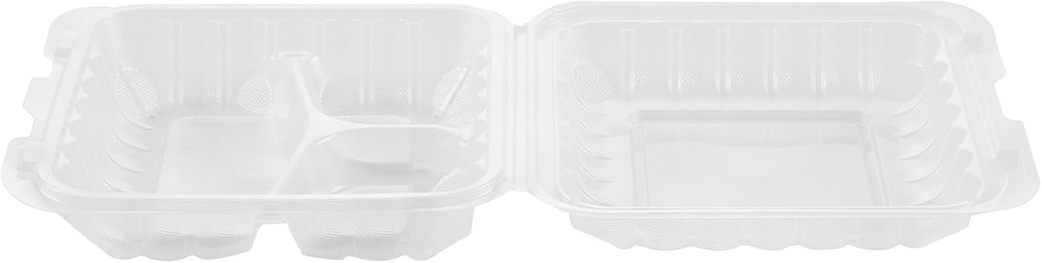 Grossiste Contenants à emporter 34 onces, 100 boîtes jetables 3 compartiments, couvercles sécurisés, clamshells transparents, pour pâtes ou salades, marque blanche, fabricant, adaptés au micro-ondes.