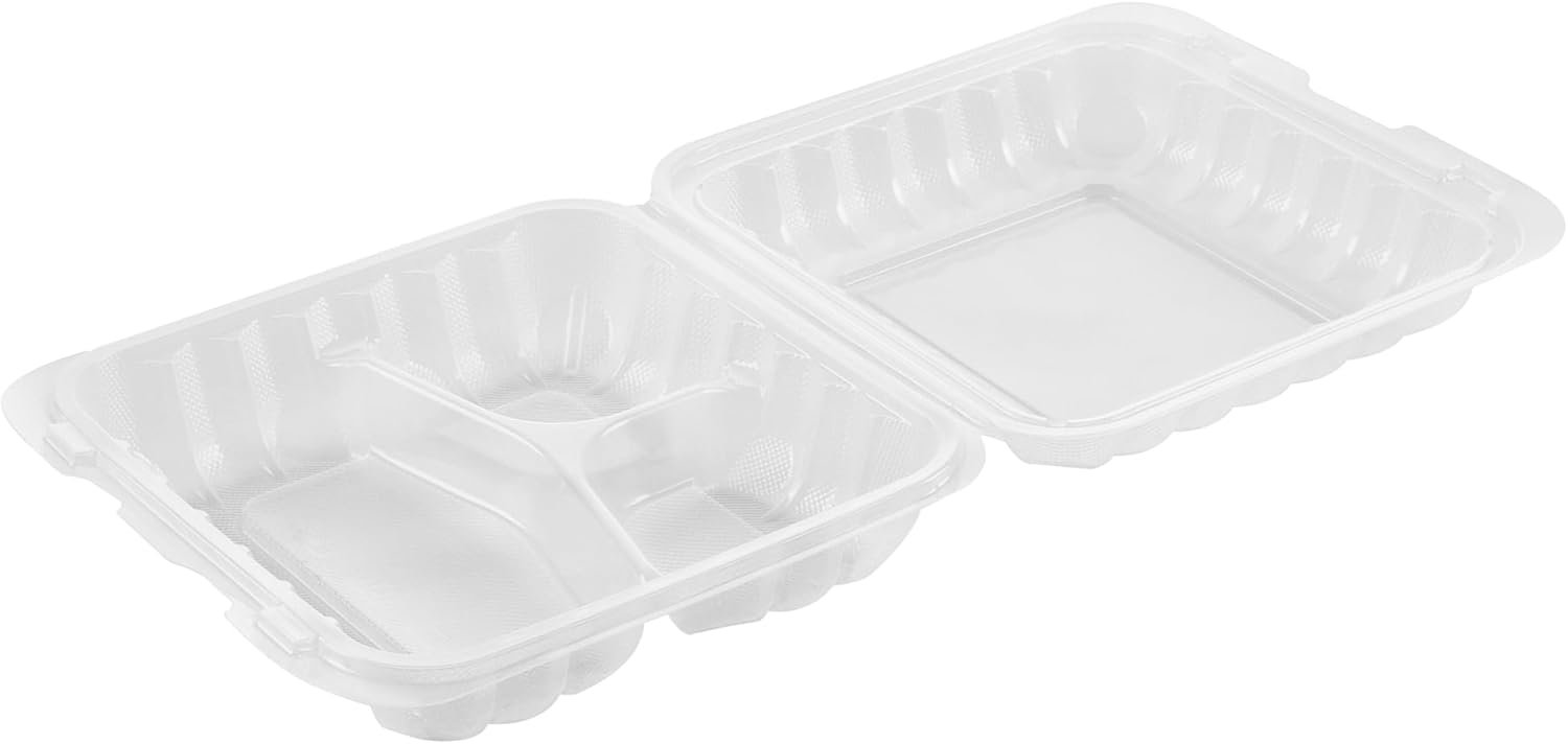 Grossiste Contenants à emporter 34 onces, 100 boîtes jetables 3 compartiments, couvercles sécurisés, clamshells transparents, pour pâtes ou salades, marque blanche, fabricant, adaptés au micro-ondes.