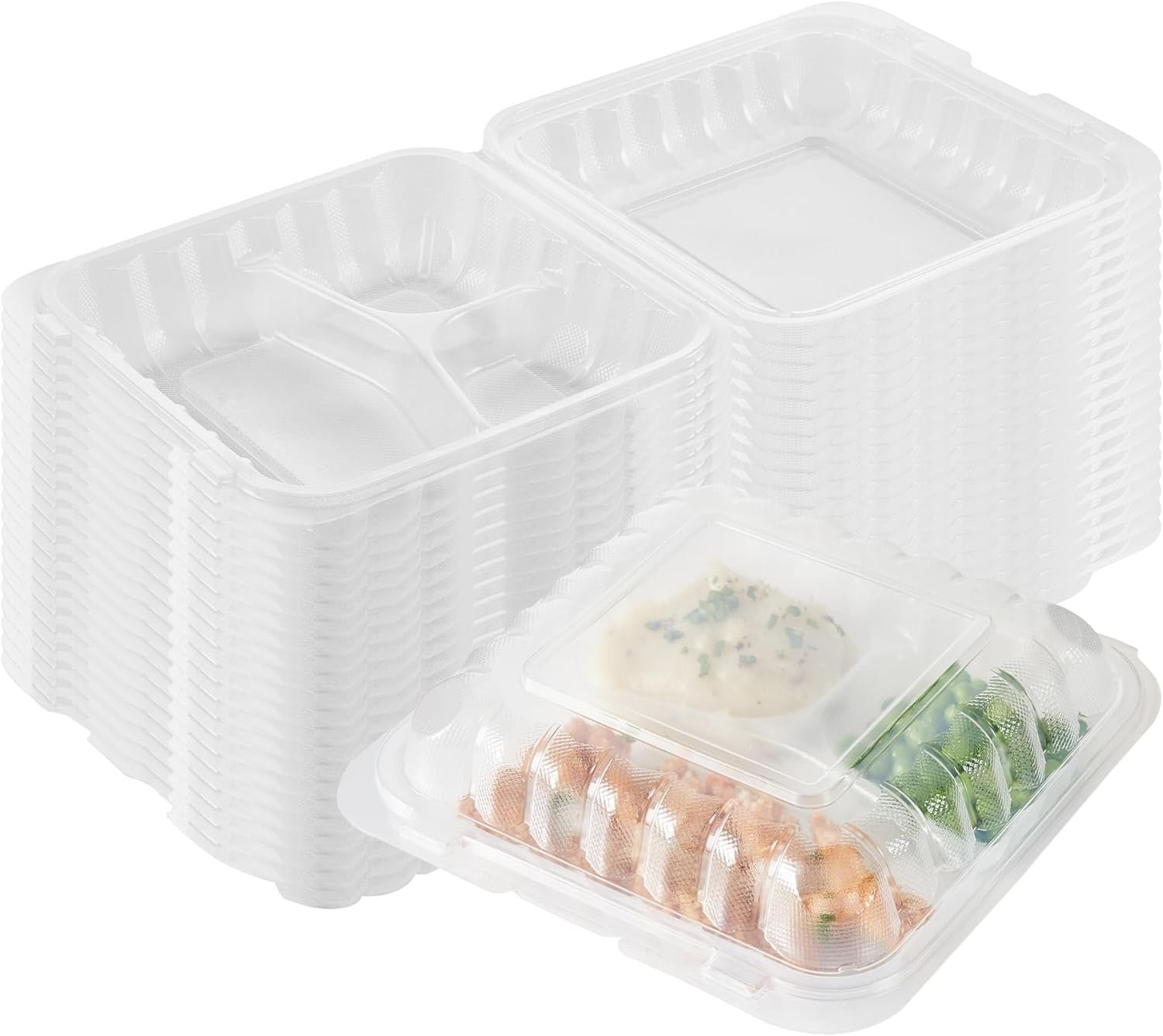 Grossiste Contenants à emporter 34 onces, 100 boîtes jetables 3 compartiments, couvercles sécurisés, clamshells transparents, pour pâtes ou salades, marque blanche, fabricant, adaptés au micro-ondes.