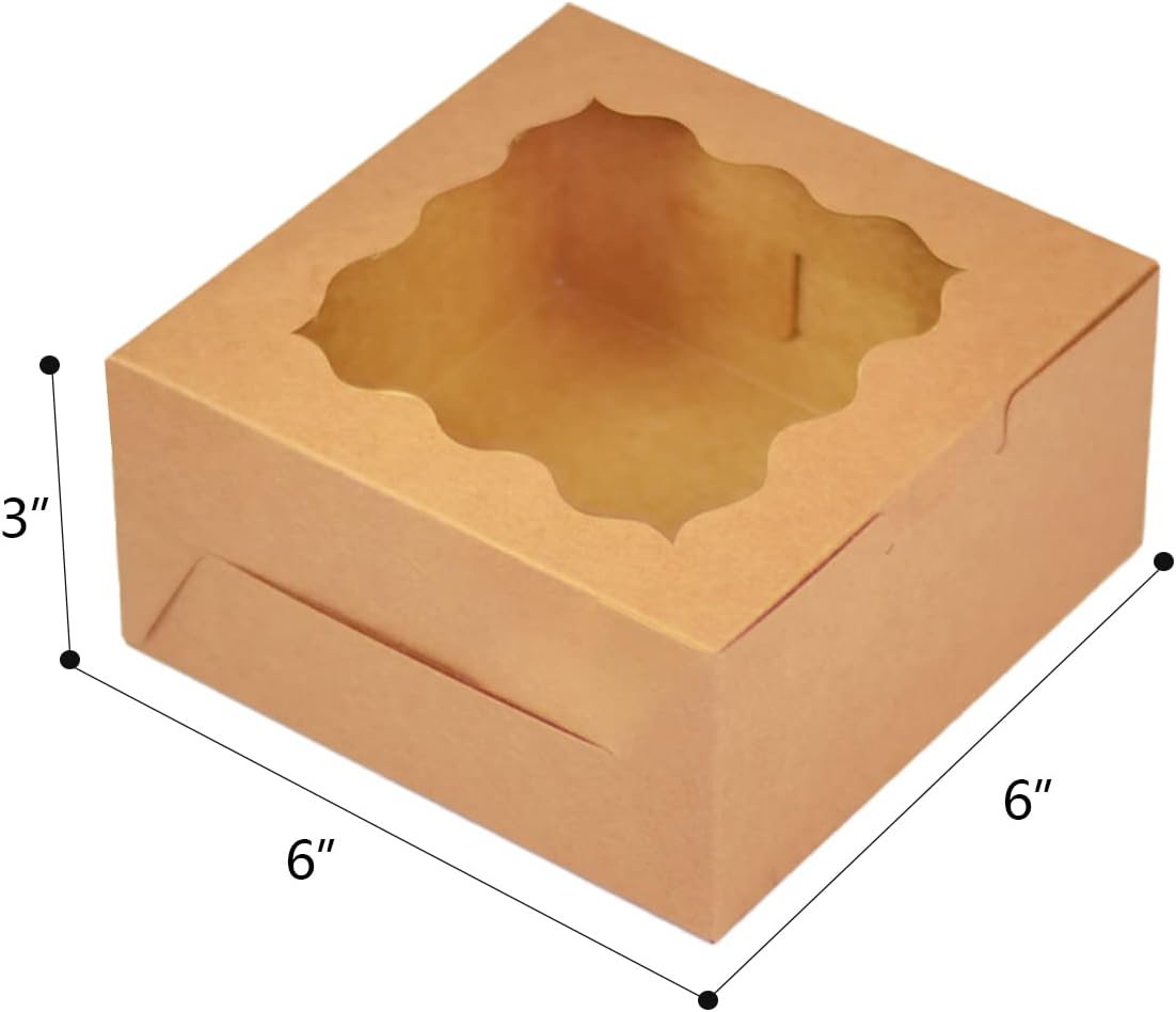 Grossiste de boîtes à pâtisserie robustes avec fenêtre 6x6x3 pouces, logo personnalisé et fabrications en vrac pour macarons et biscuits.