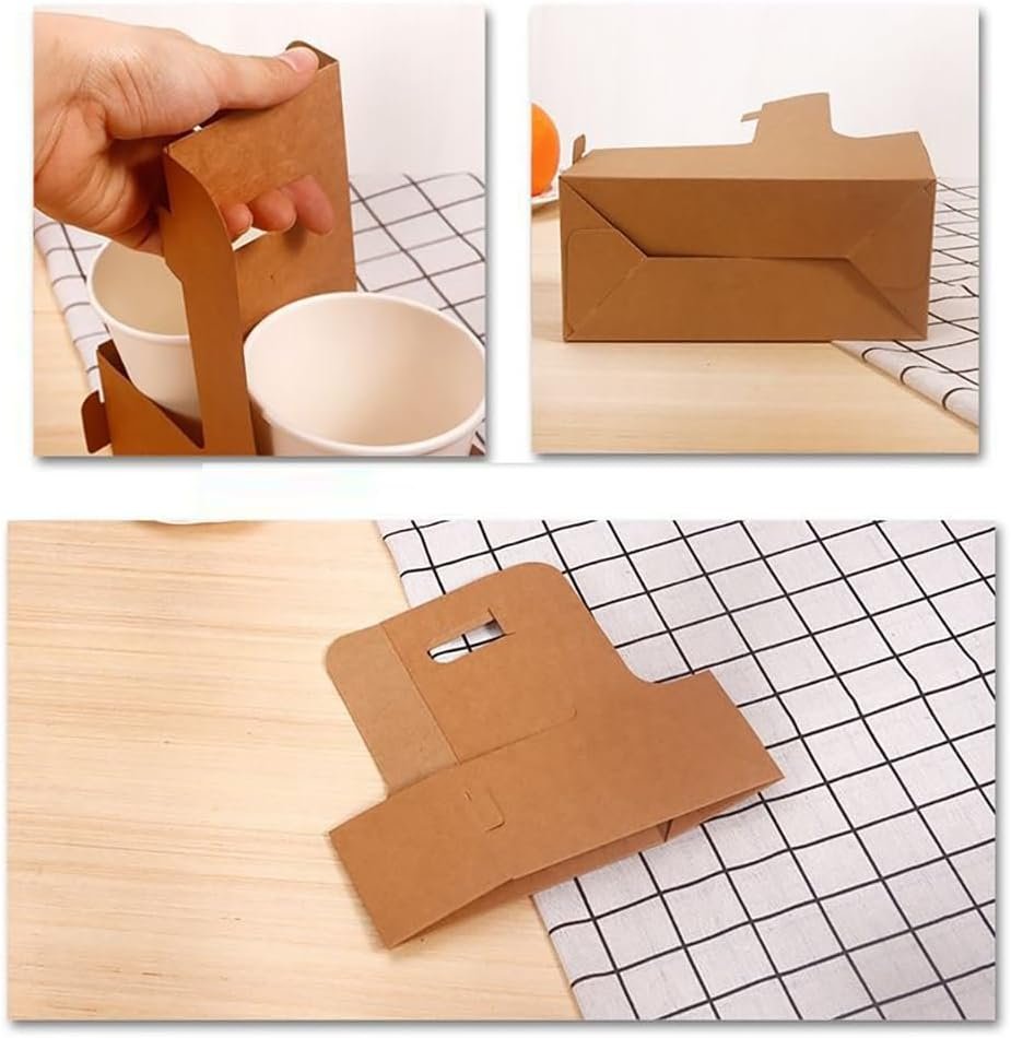 Grossiste de porte-gobelets jetables en kraft avec poignées, support de boissons pour cafés et restaurants, logo personnalisé, pack de 20 pour livraison à emporter.