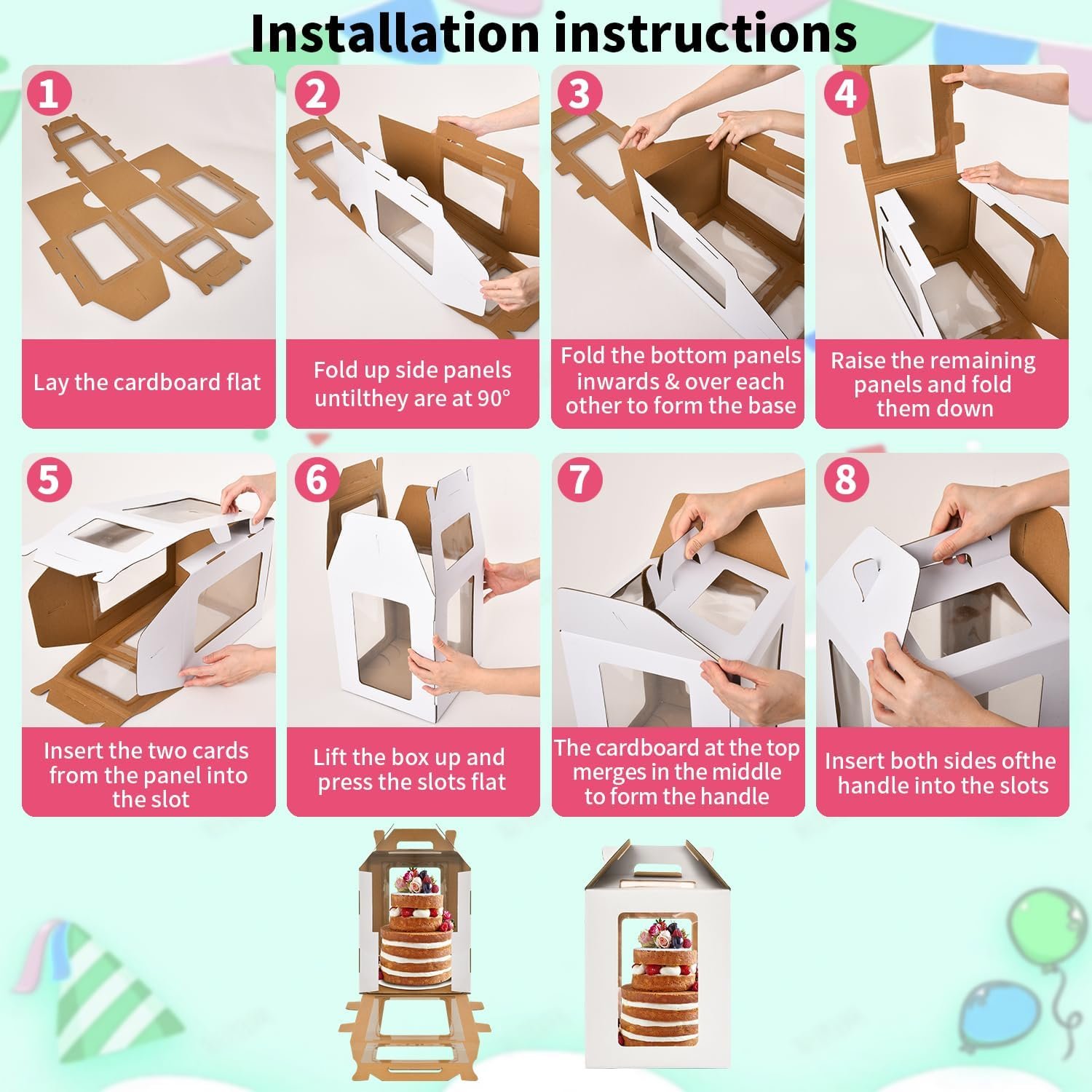 Grossiste de boîtes à gâteaux hautes 12x12x14 pouces avec fenêtres, transporteur de gâteaux de 10 et 12 pouces, boîte à gâteaux en vrac, logo personnalisé, boîte à gâteaux durable blanche (paquet de 2)