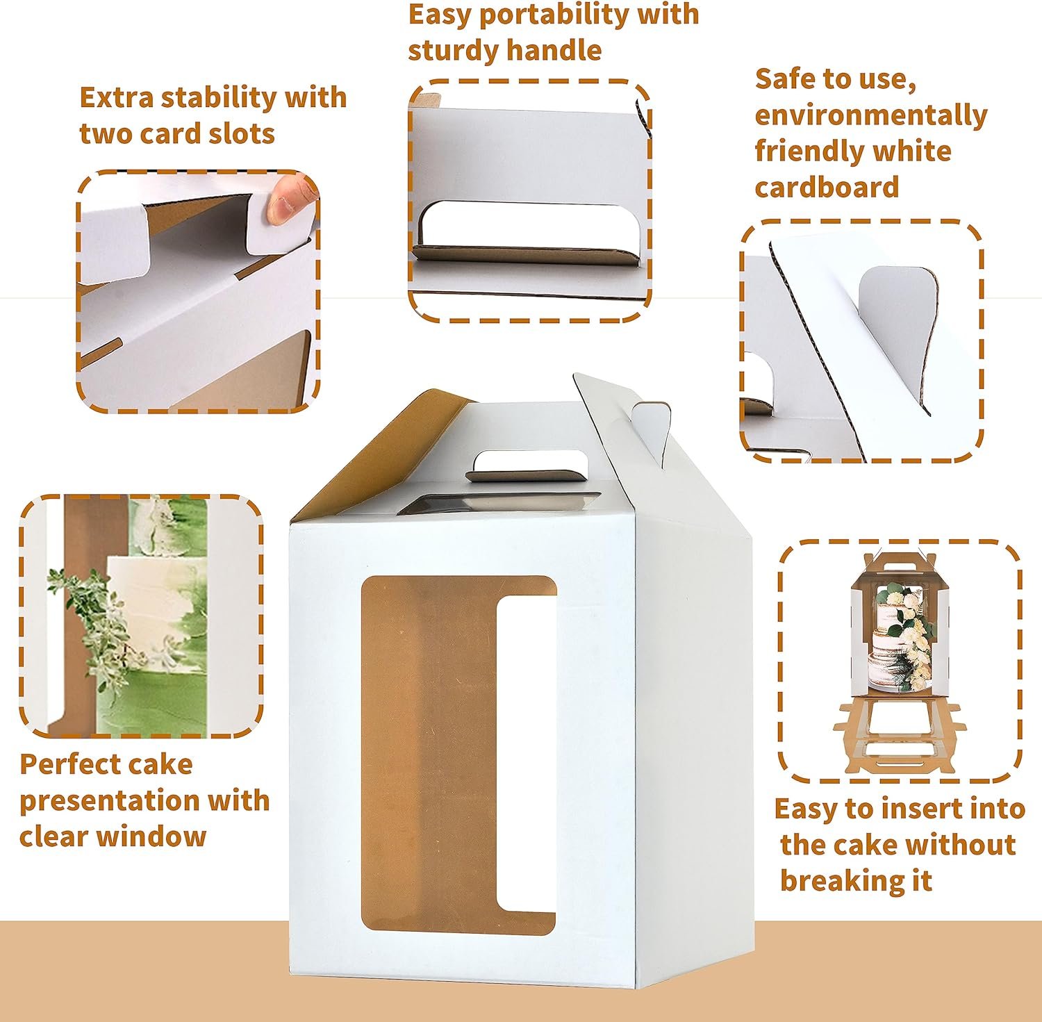 Grossiste de boîtes à gâteaux hautes 12x12x14 pouces avec fenêtres, transporteur de gâteaux de 10 et 12 pouces, boîte à gâteaux en vrac, logo personnalisé, boîte à gâteaux durable blanche (paquet de 2)