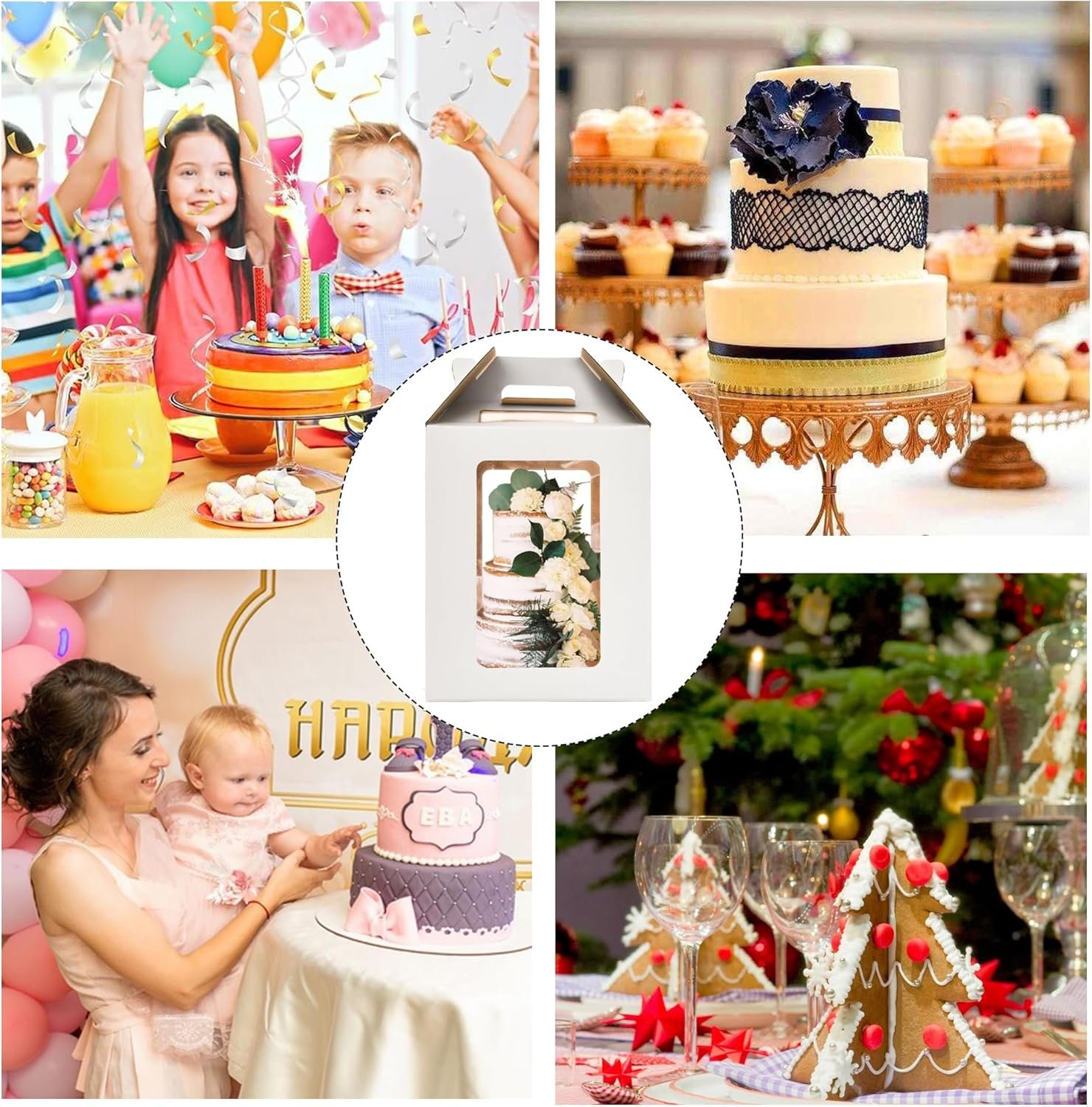 Grossiste de boîtes à gâteaux hautes 12x12x14 pouces avec fenêtres, transporteur de gâteaux de 10 et 12 pouces, boîte à gâteaux en vrac, logo personnalisé, boîte à gâteaux durable blanche (paquet de 2)