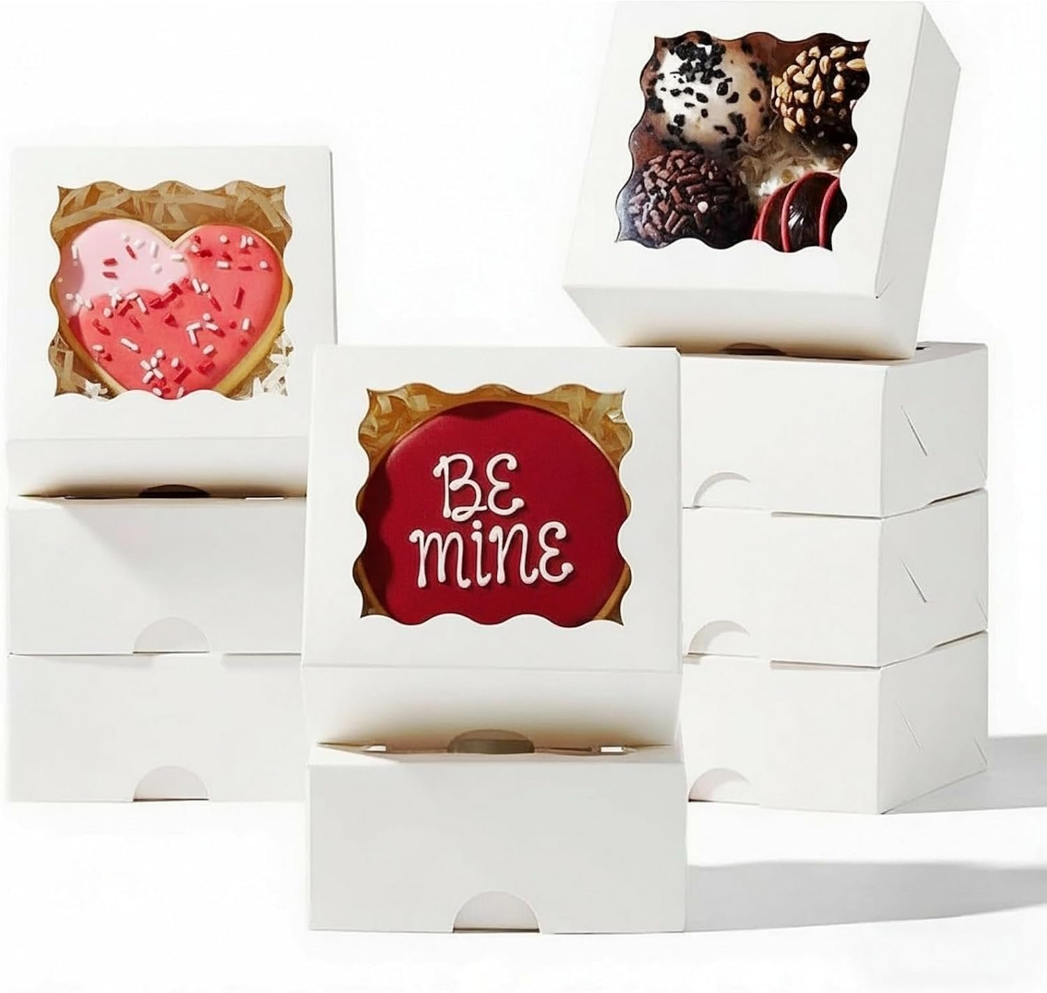 Grossiste de boîtes miniatures pour pâtisserie avec fenêtre 3,2" x 3,2" x 1,5" 100PCS pour cookies, truffes en chocolat, donuts, macarons - Logo Personnalisé, Fabricant de solutions d'emballage en gros.