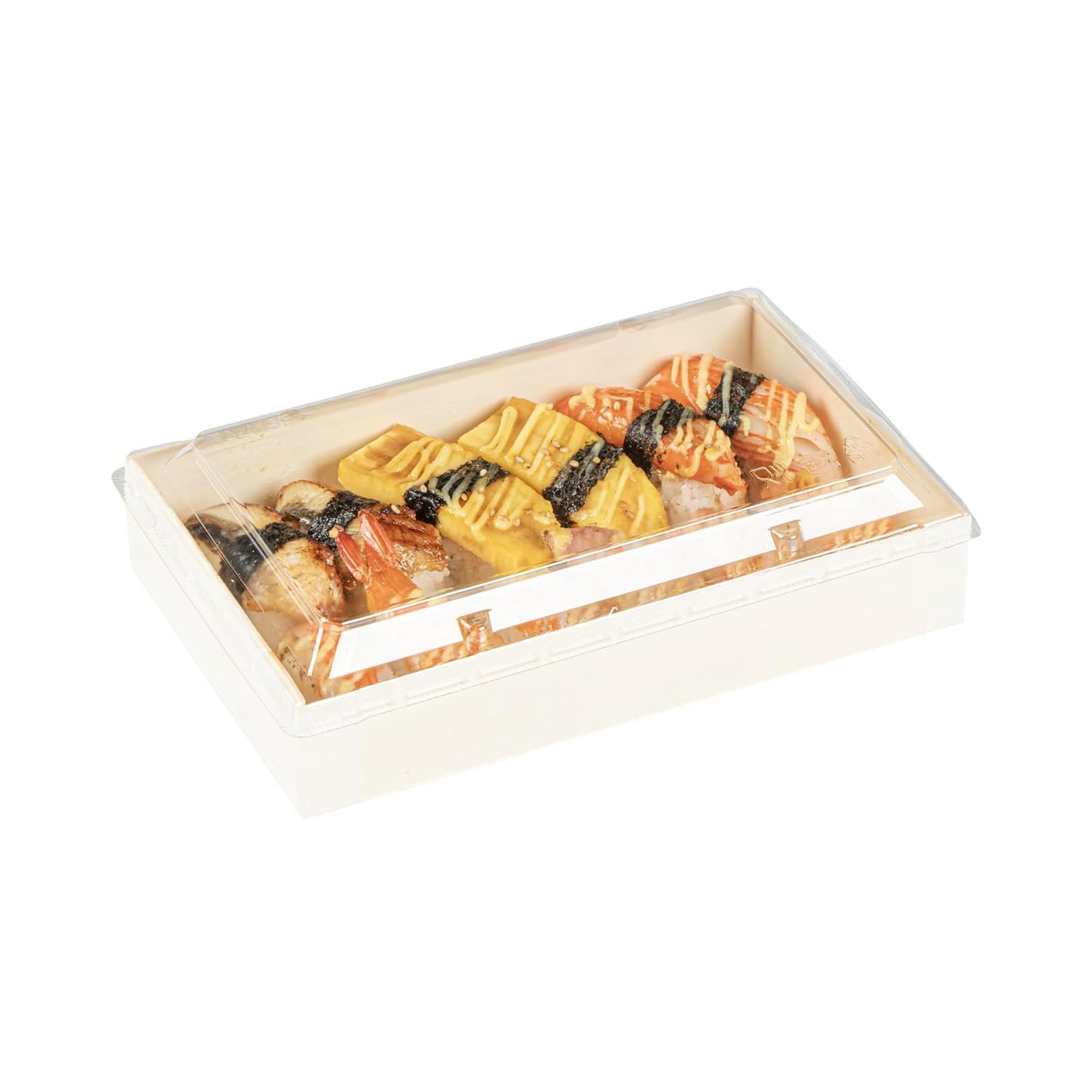 Lids en plastique pour bento 10 pièces, fournisseur de contenants à emporter en bois 7,9" x 4,8" avec design de dôme transparent, OEM pour boîtes à lunch japonaises, sushi, vente en gros.