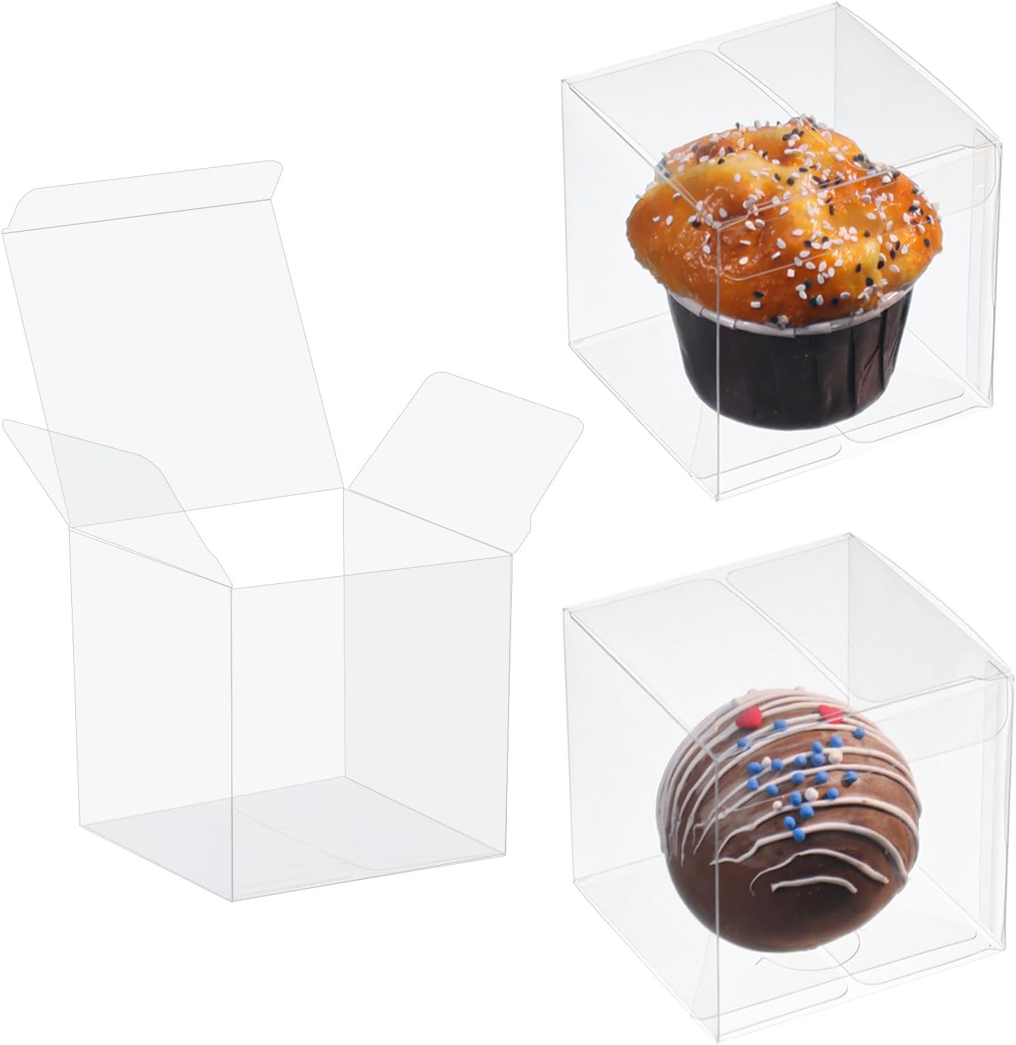 Grossiste de boîtes en plastique transparentes 3x3x3 pouces, idéal pour logo personnalisé, petites pâtisseries et bombes de chocolat chaud, fournisseur en vente en gros.