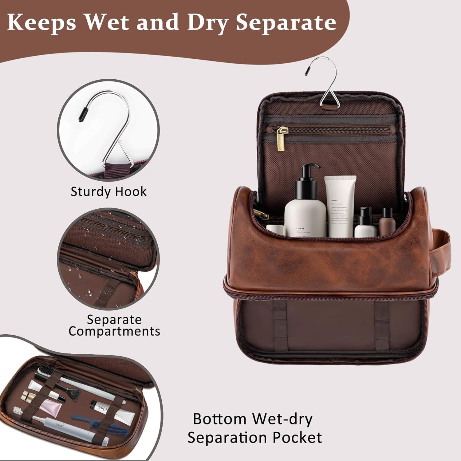 Grossiste Trousse de toilette personnalisée pour hommes, Dopp Kit waterproof en cuir PU avec logo personnalisé, essentiel de voyage en vrac pour Noël et anniversaire, brun rouge J