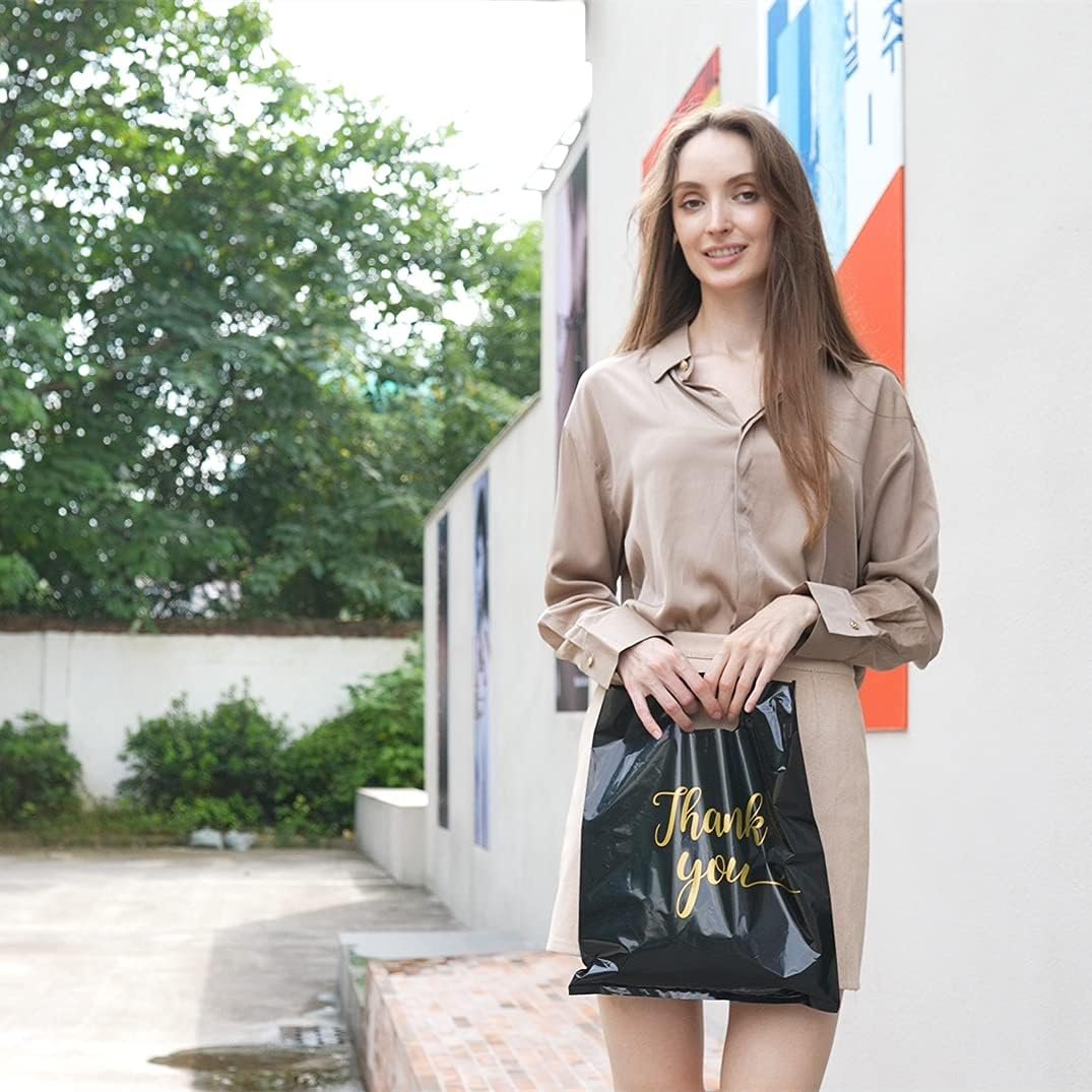 Grossiste sacs Merci avec poignées pour les entreprises 100 Pack 12x15 pouces plastique réutilisables épais 2.36 Mil emballage produits OEM pour boutique petits commerces (Noir)