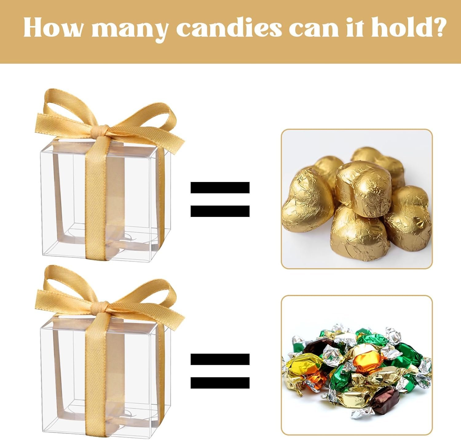 Boîte cadeau en plastique transparent 2x2x2 pouces, gros fournisseur d'articles de fête avec ruban doré, boîte macramé pour mariage, baptêmes et Noël, OEM disponible.